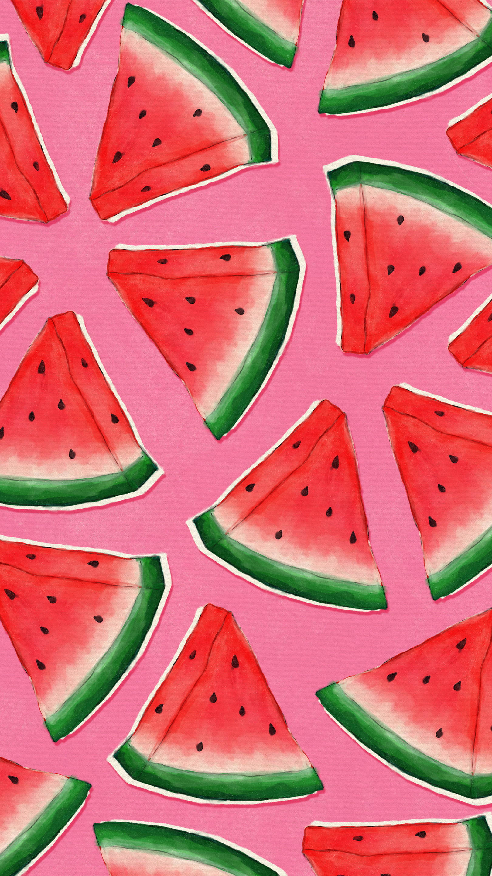 Watermelon 桌布 壁紙 — 鮮豔的水彩西瓜片散落在明亮的粉紅色背景上。