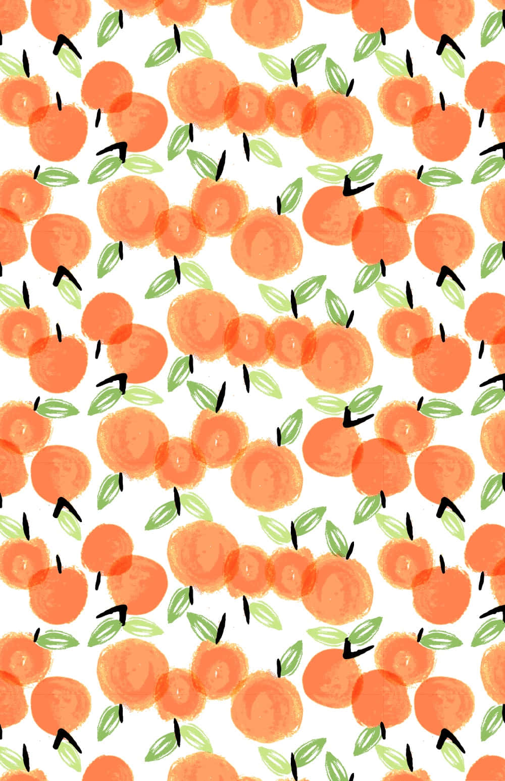 Cute Orange 桌布 壁紙 — 鮮豔的水彩風格柳橙搭配綠色葉子，散落在潔白的背景上，形成俏皮的重複圖案。