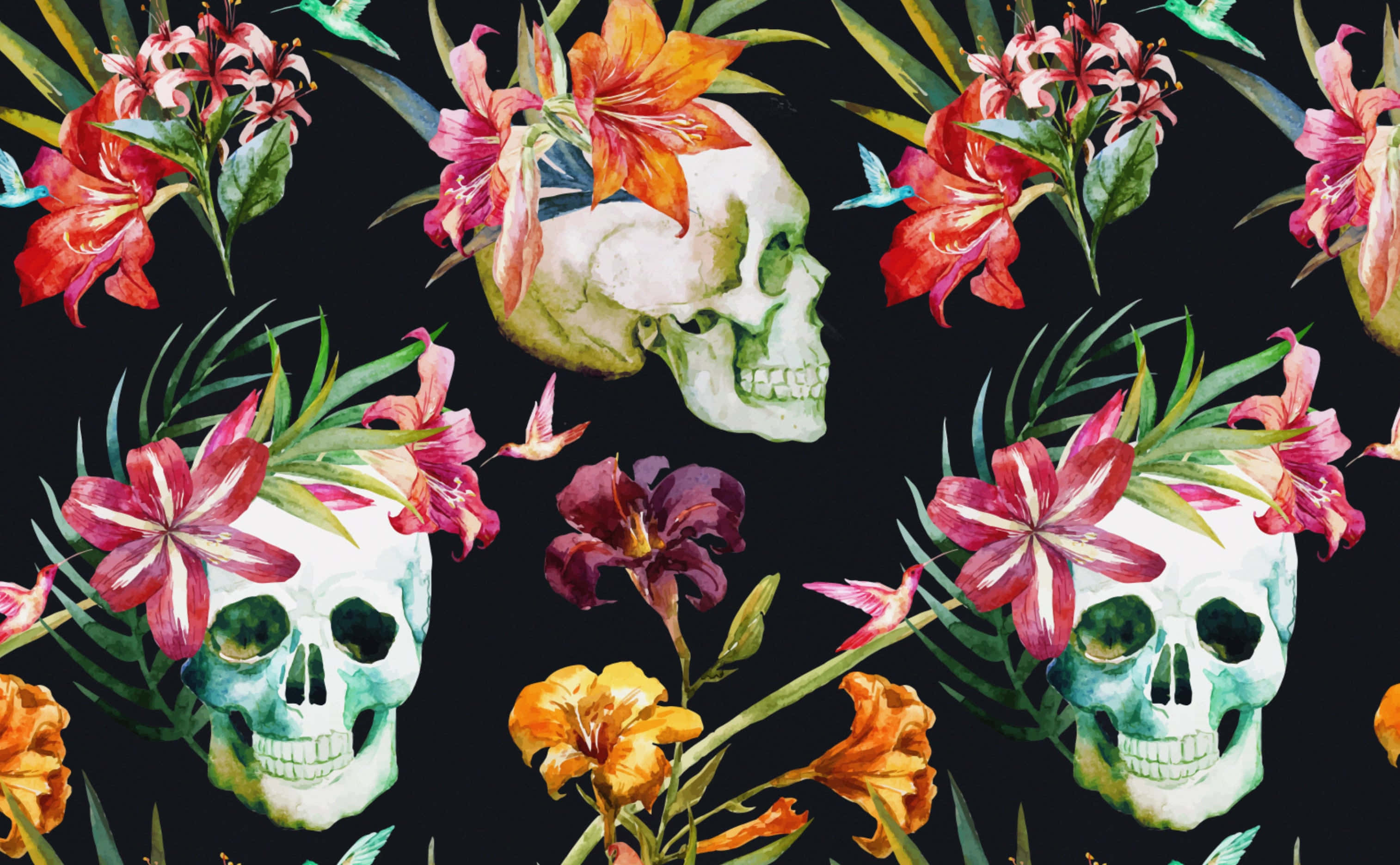 skulls 桌布 壁紙 — 鮮豔的水彩骷髏頭，飾有熱帶花卉和蜂鳥，背景為深色。