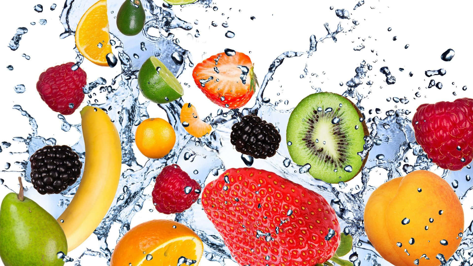 Fruits 桌布 壁紙 — 鮮豔的水果在純白色背景上伴隨著動態的水花飛濺在空中爆炸。