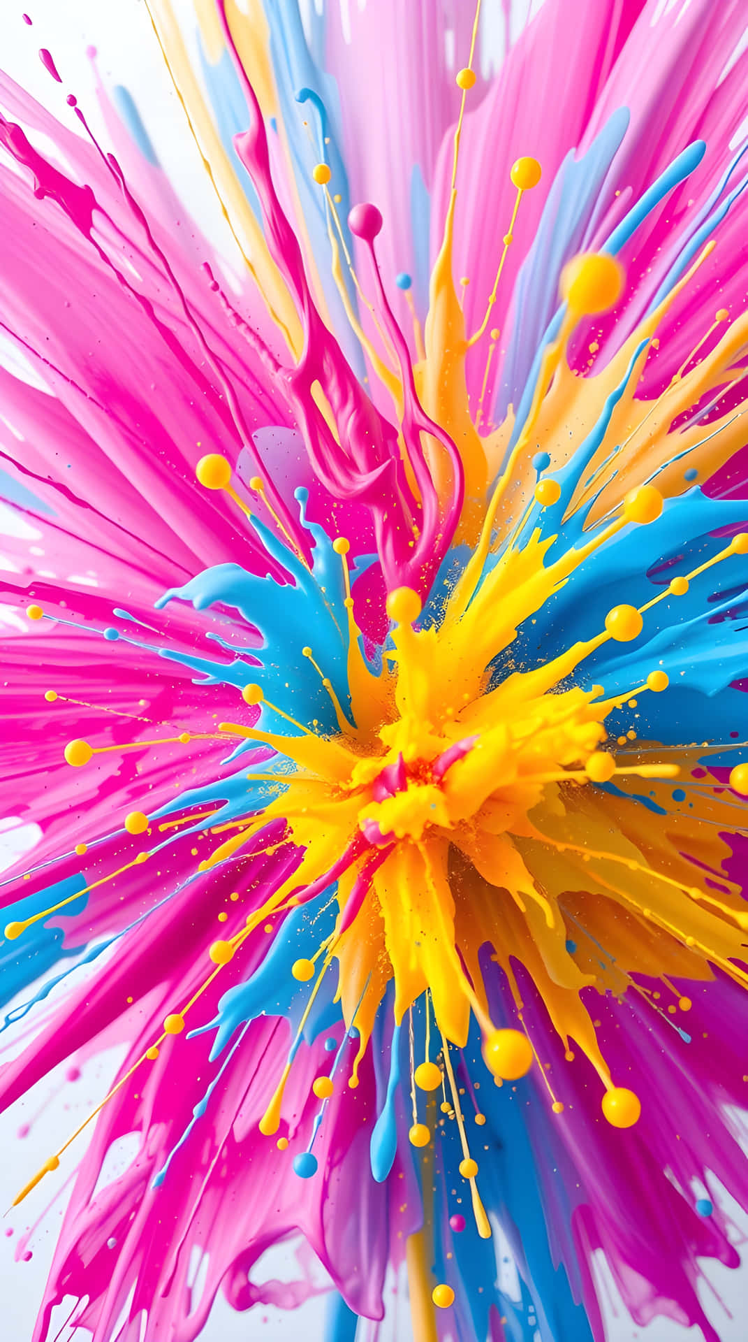 Explosion of Pink, Blue, and Yellow Paint Splatter 壁紙 — 鮮豔的油漆飛濺以粉紅色、黃色和藍色的放射狀爆發在白色背景上向外擴散。