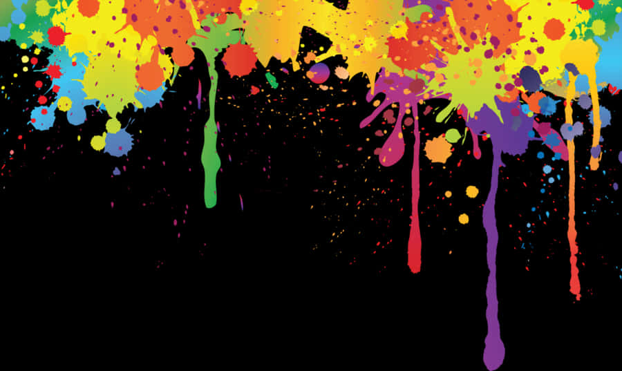 Colorful Paint Splash 桌布 壁紙 — 鮮豔的油漆飛濺和滴落從頂部傾瀉而下，與純黑色背景形成鮮明對比，營造出大膽的藝術爆炸效果。