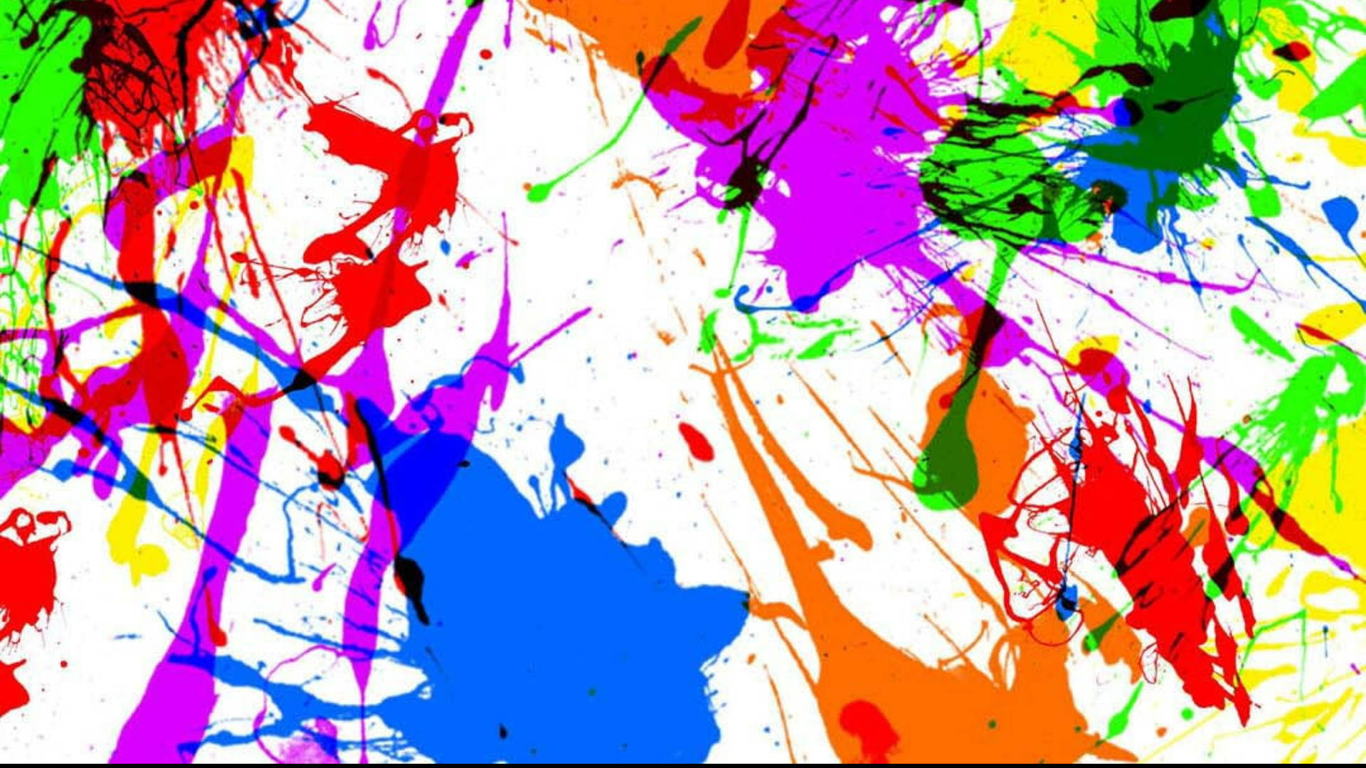 Splatter Paint 桌布 壁紙 — 鮮豔的油漆飛濺在白色畫布上，形成紅色、藍色、綠色、黃色和紫色的混亂爆發。