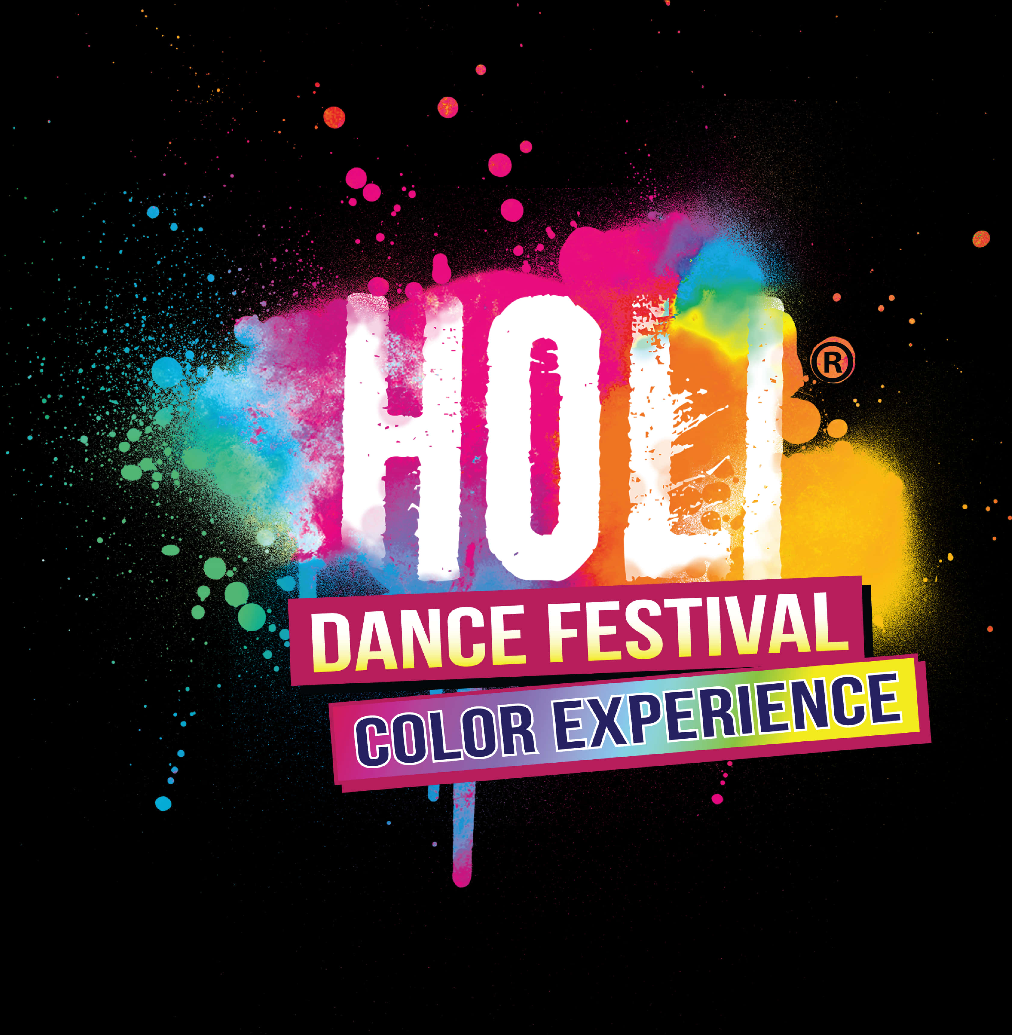 Color Explosion 桌布 壁紙 — 鮮豔的油漆飛濺在黑色背景上，在宣布 Holi Dance Festival Color Experience 的粗體白色文字後方爆炸開來。