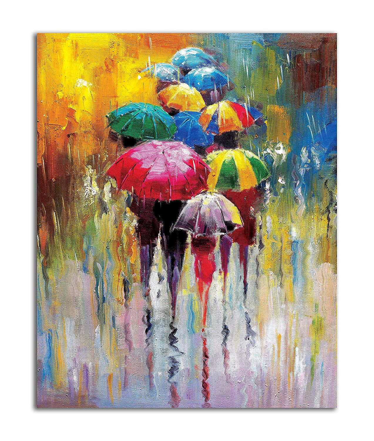 Painting 桌布 壁紙 — 鮮豔的油畫，描繪人們手持彩色雨傘在雨街行走，帶有生動的倒影。