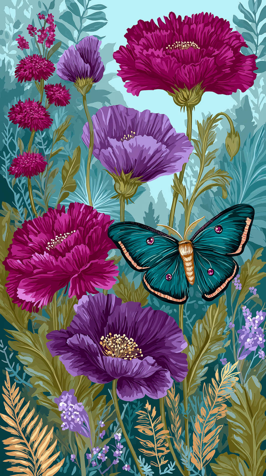 Grand Luna Moth and Large Wildflowers Seamless Pattern 壁紙 — 鮮豔的洋紅色和紫色罌粟花在青綠色葉片中盛開，一隻引人注目的青綠色飛蛾在花園中翩翩飛舞。