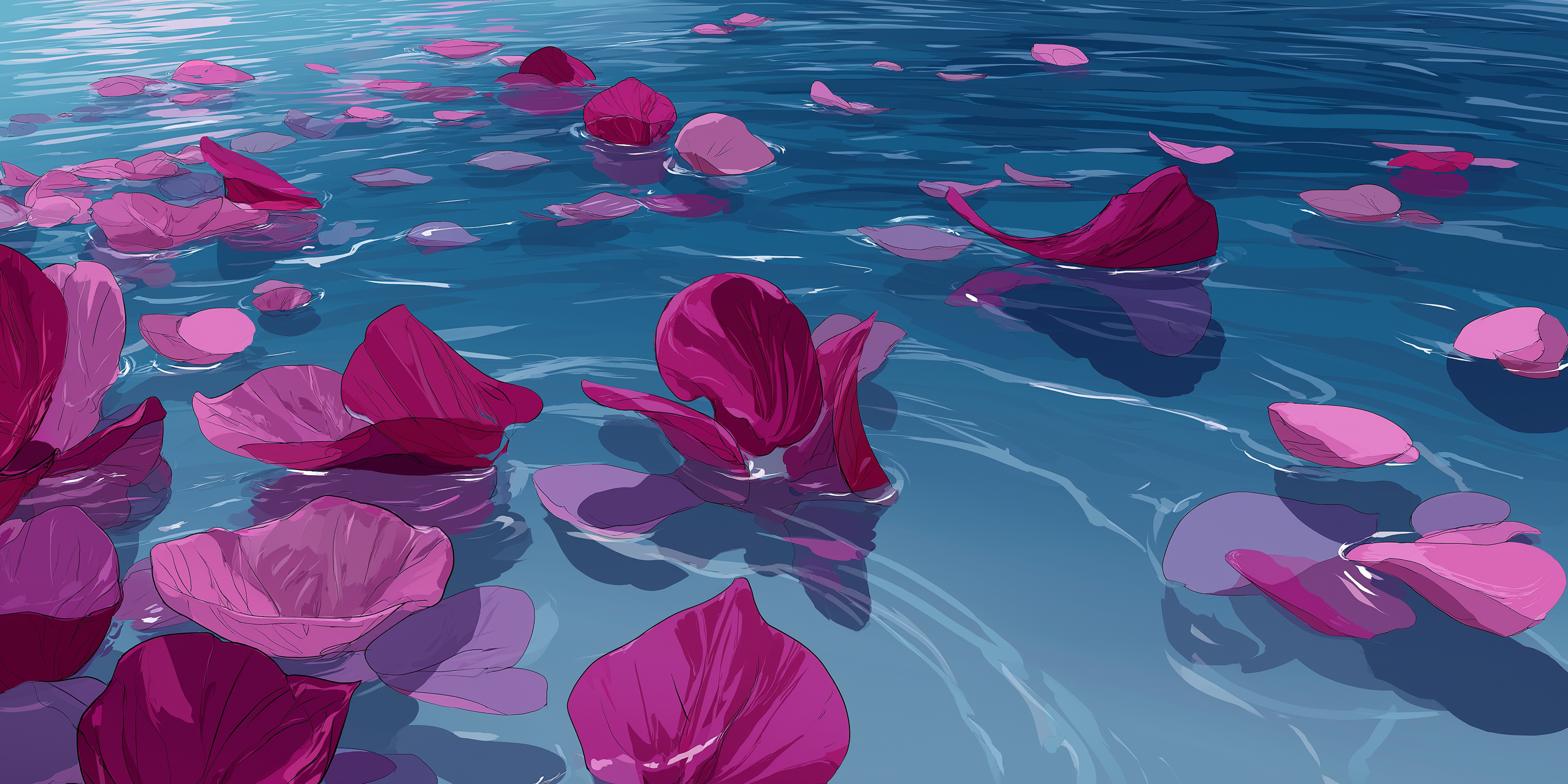 Floating 桌布 壁紙 — 鮮豔的洋紅色玫瑰花瓣在平靜的藍色水面上優雅地飄動，伴隨著輕柔的漣漪和柔和的倒影。