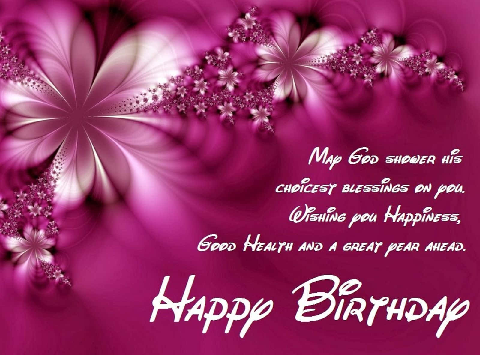 Birthday Wishes 桌布 壁紙 — 鮮豔的洋紅色碎形花朵在豐富的紫色背景上，圍繞著帶有白色草書文字的生日祝福旋轉。