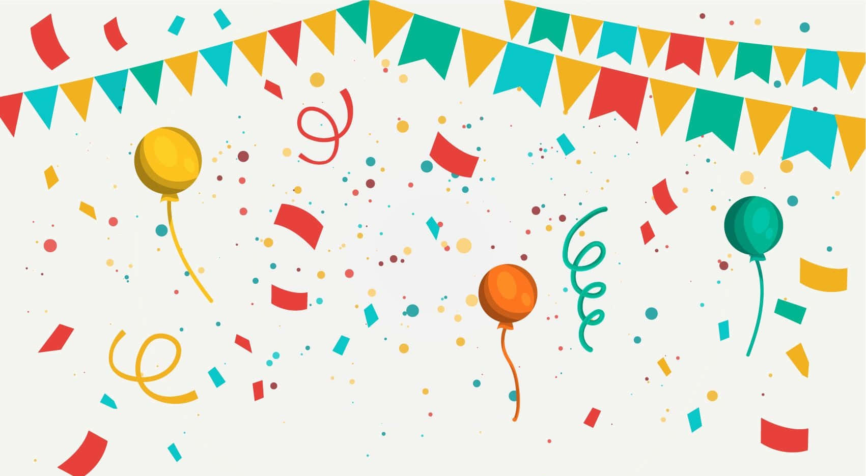 Celebration 桌布 壁紙 — 鮮豔的派對氣球和五彩紙屑在節日三角形橫幅下飄浮，背景為淺色。