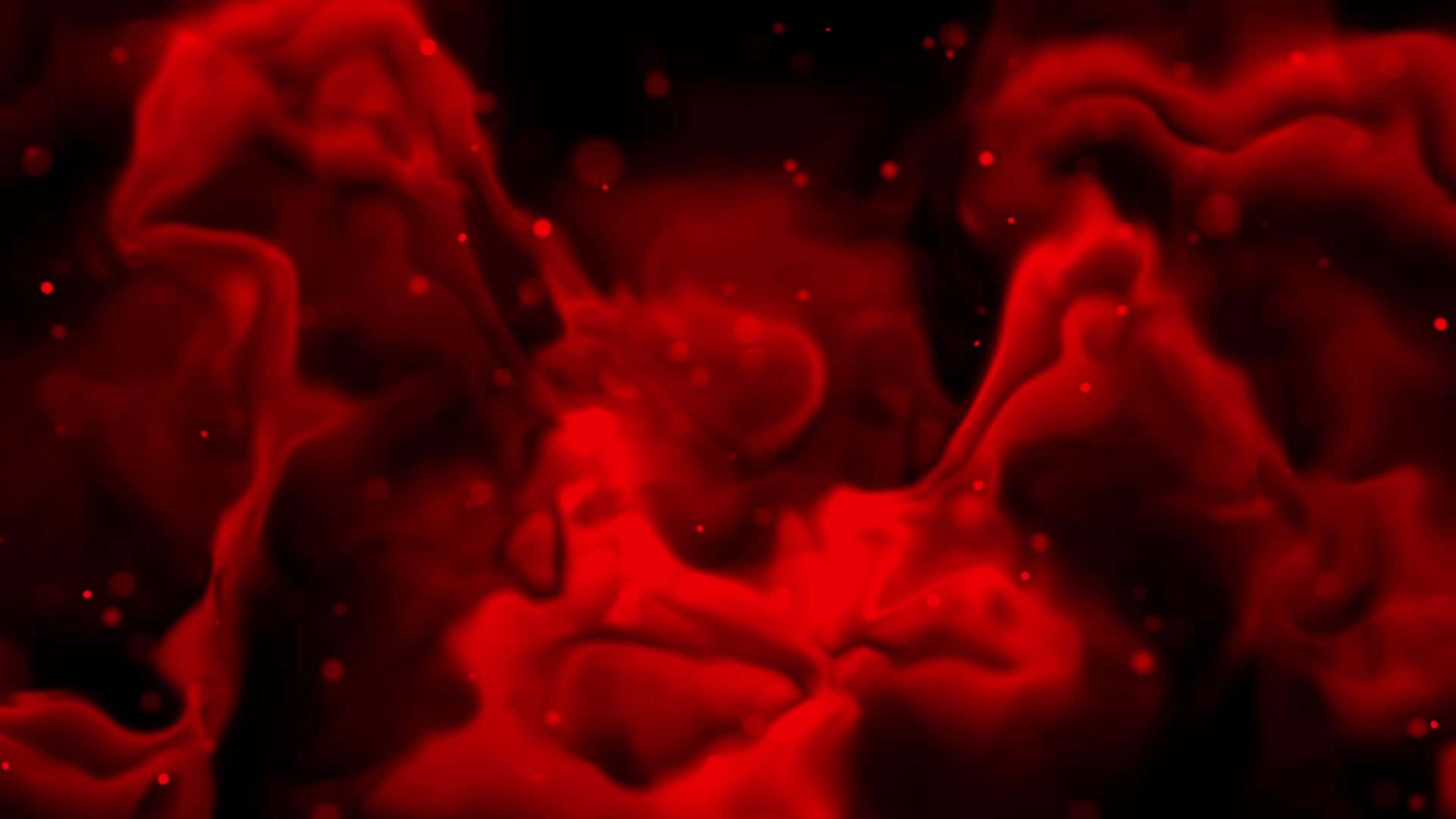 Red Smoke Effect 桌布 壁紙 — 鮮豔的深紅色煙霧在黑暗虛空中旋轉，發光粒子飄過空靈的薄霧。