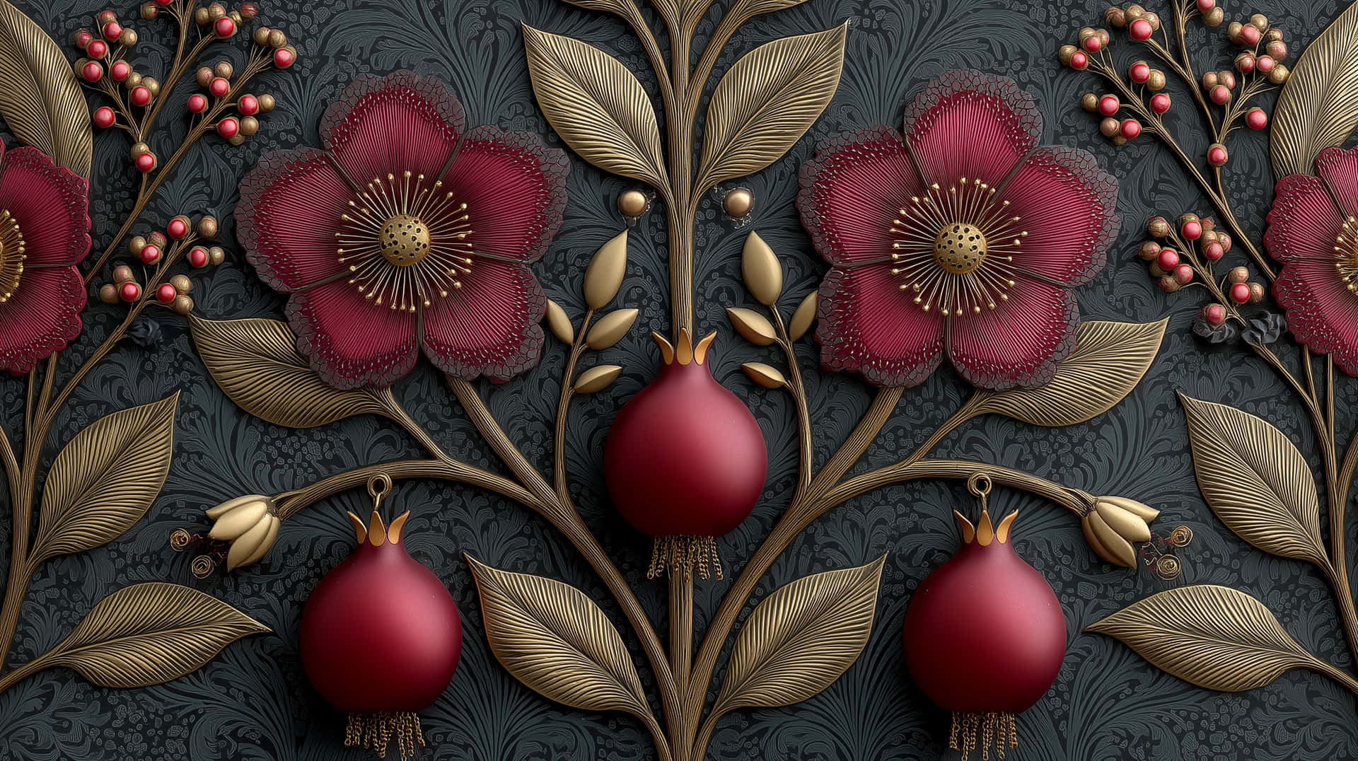 Vintage Damask Design with Pomegranate and Floral Motifs 壁紙 — 鮮豔的深紅色花朵和石榴，配上金色葉子，裝飾在帶有紋理的深色背景上，呈現華麗的3D風格。