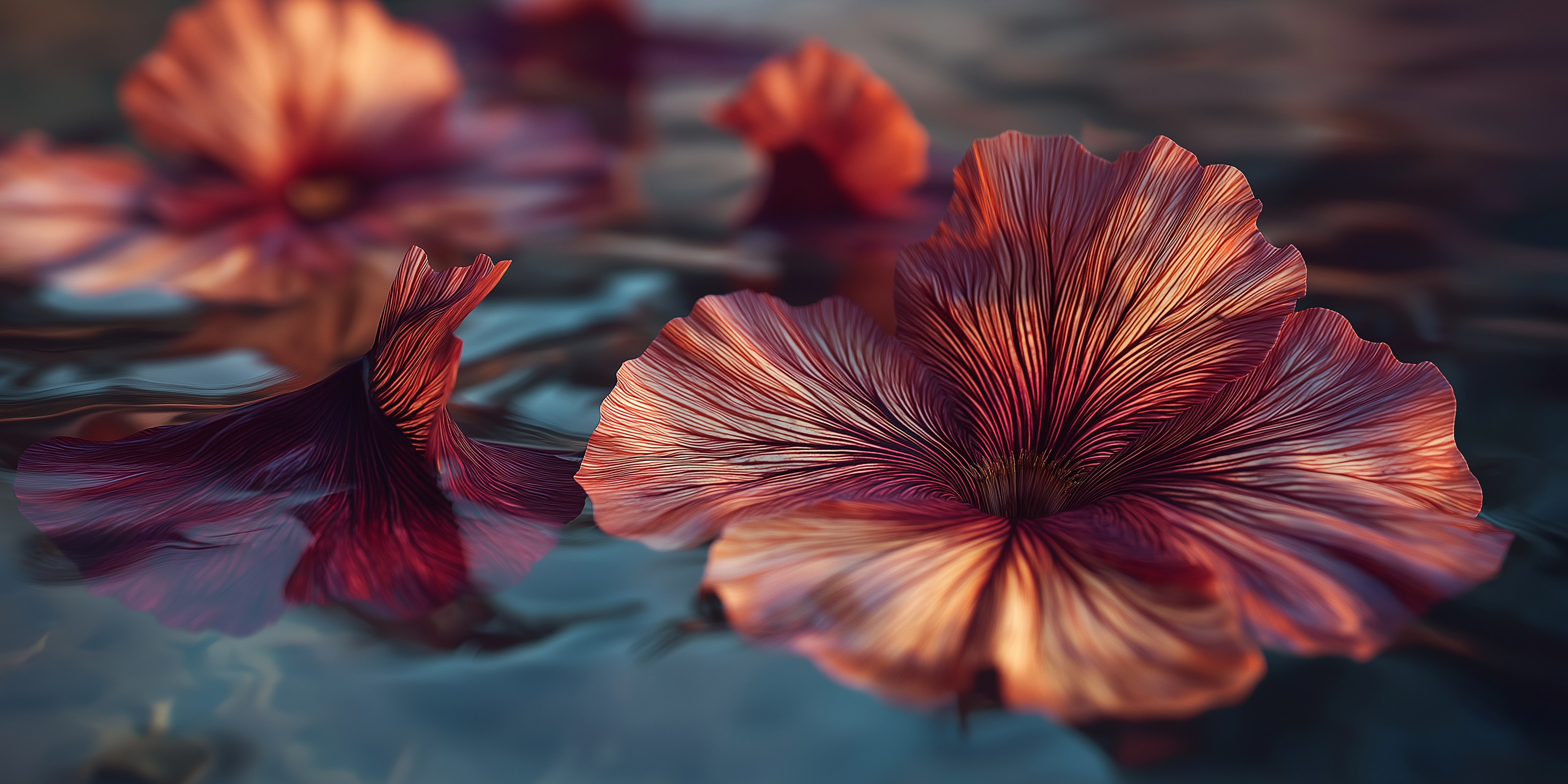 Floating 桌布 壁紙 — 鮮豔的深紅色花朵帶有複雜的脈絡花瓣，寧靜地漂浮在平靜的深色水面上，反射出柔和的金色光芒。