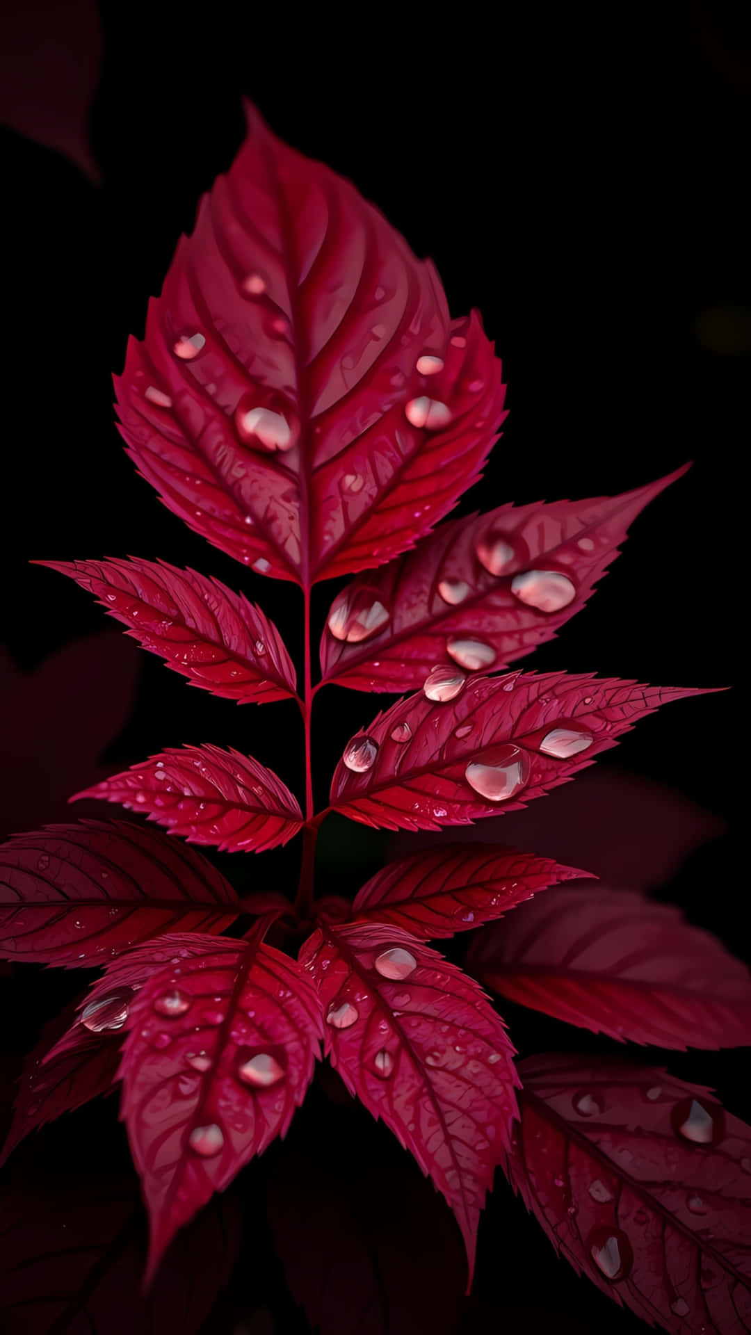 Red Leaves with Water Drops on Black Background 壁紙 — 鮮豔的深紅色葉子在純黑背景下閃爍著露珠。