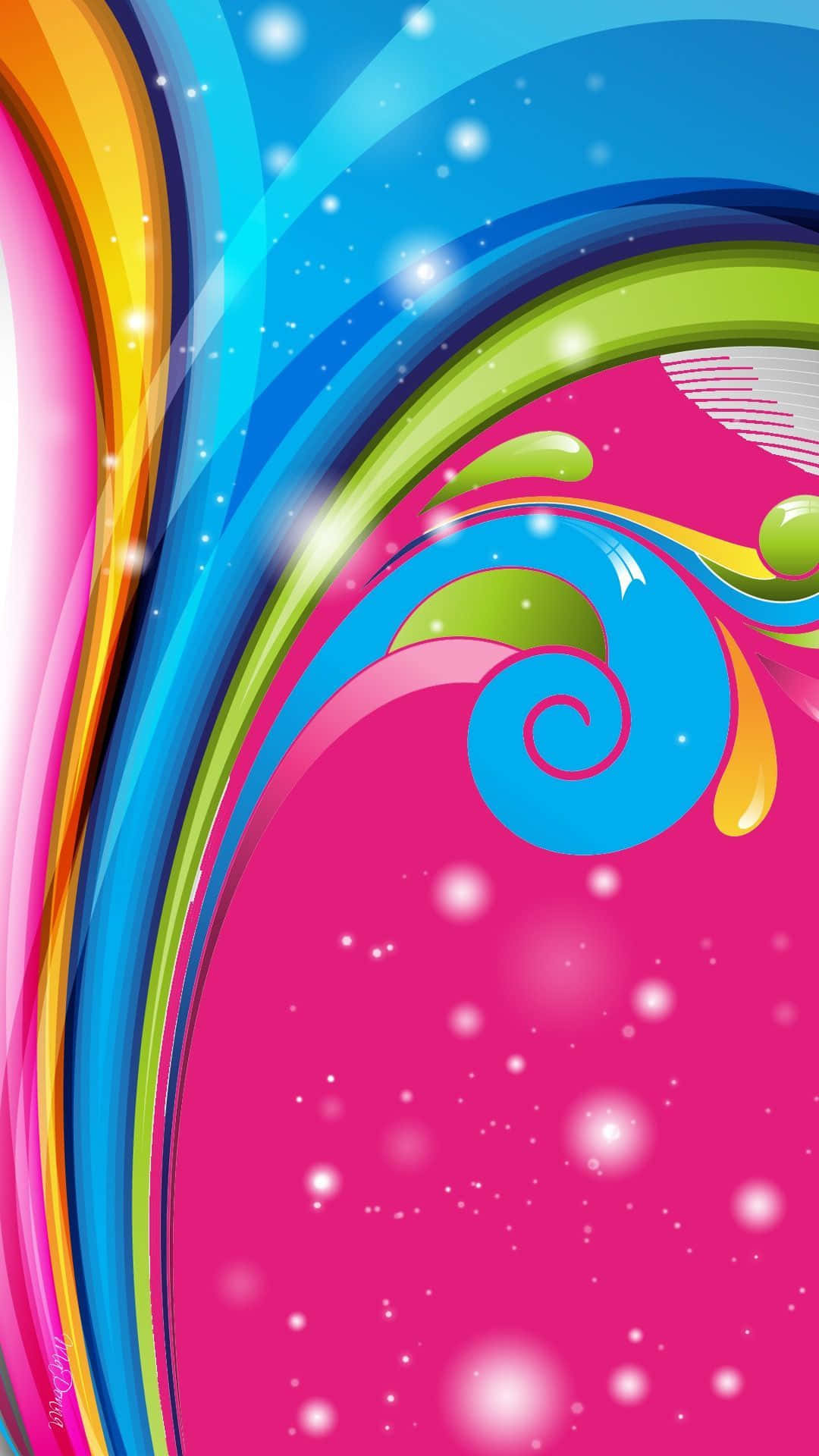 Cute Colorful 桌布 壁紙 — 鮮豔的漩渦彩虹色彩在閃爍的粉紅色背景上動態流動，帶有發光粒子。
