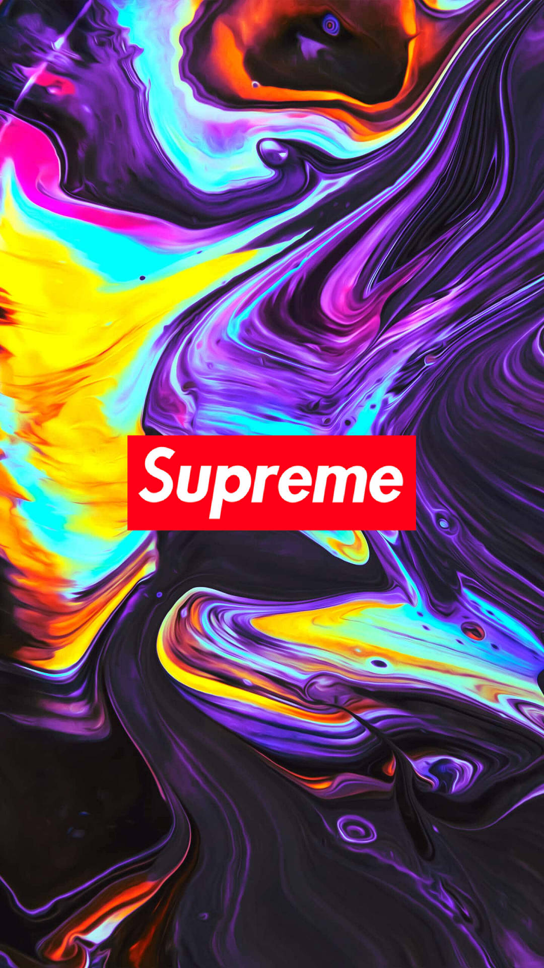supreme aesthetic 桌布 壁紙 — 鮮豔的漩渦抽象色彩，紅色Supreme標誌置於深色流體背景中央。