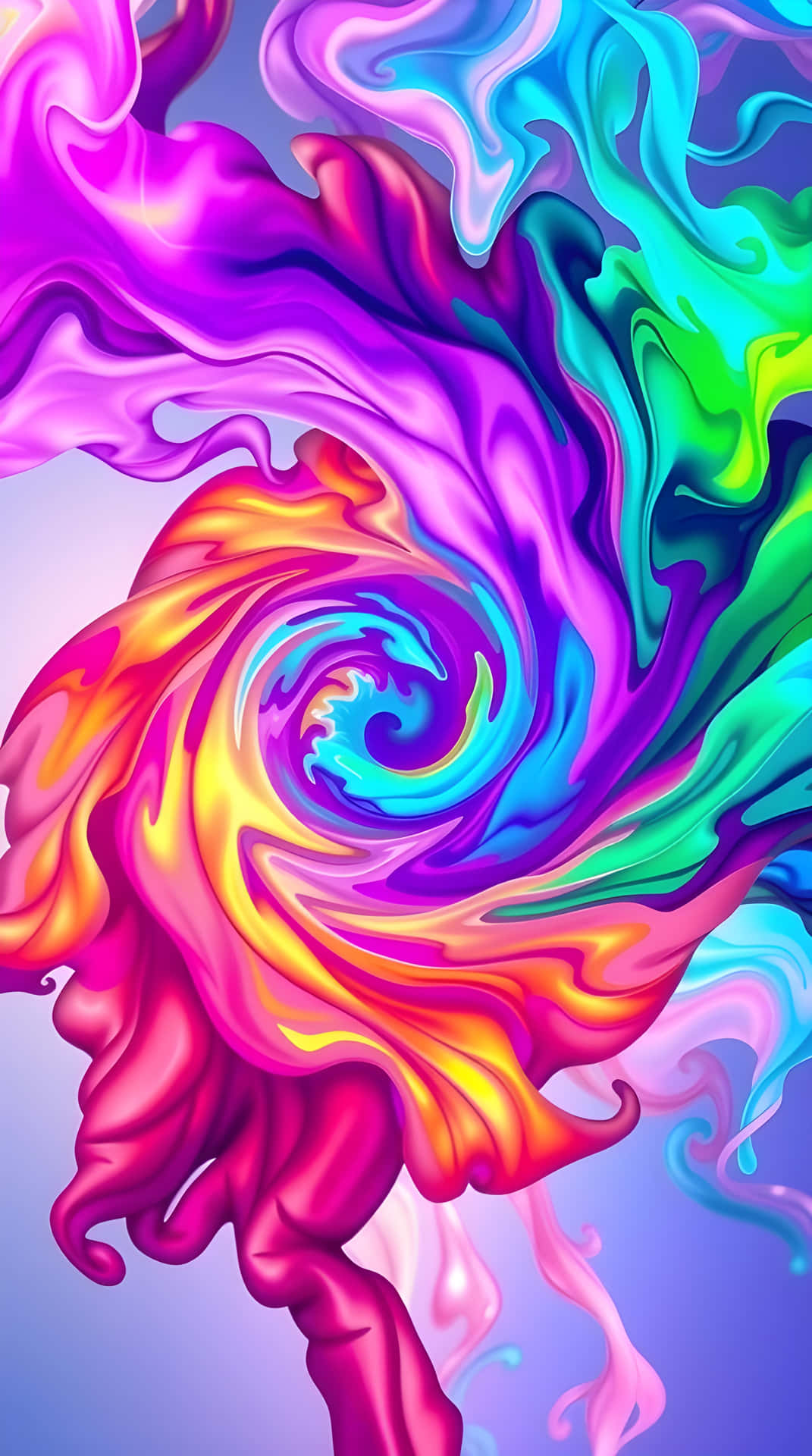 Explosion of Vibrant Colors Swirling Abstract 壁紙 — 鮮豔的漩渦液體色彩在柔和的紫色背景上形成動態螺旋。