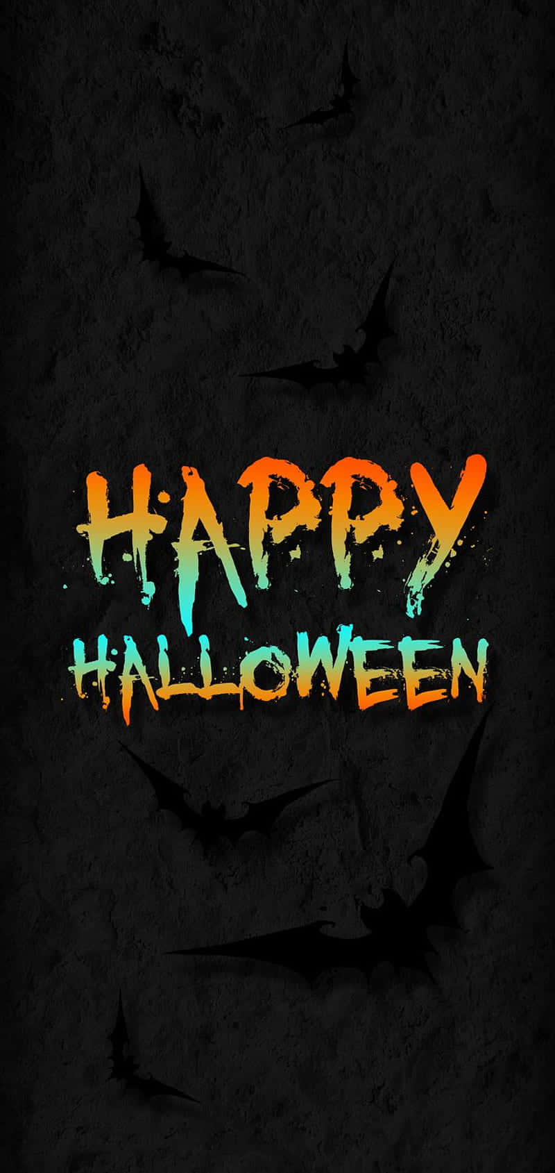 Halloween Macbook 桌布 壁紙 — 鮮豔的漸層文字在深色紋理牆壁上顯示happy halloween，周圍有蝙蝠剪影飛舞。