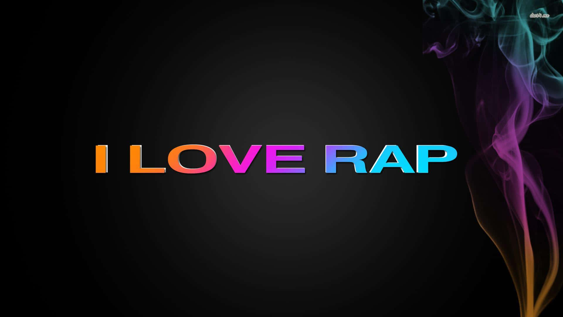 彩色動圖 桌布 壁紙 — 鮮豔的漸變文字顯示「I LOVE RAP」，背景為深色，右側有彩色煙霧旋轉。