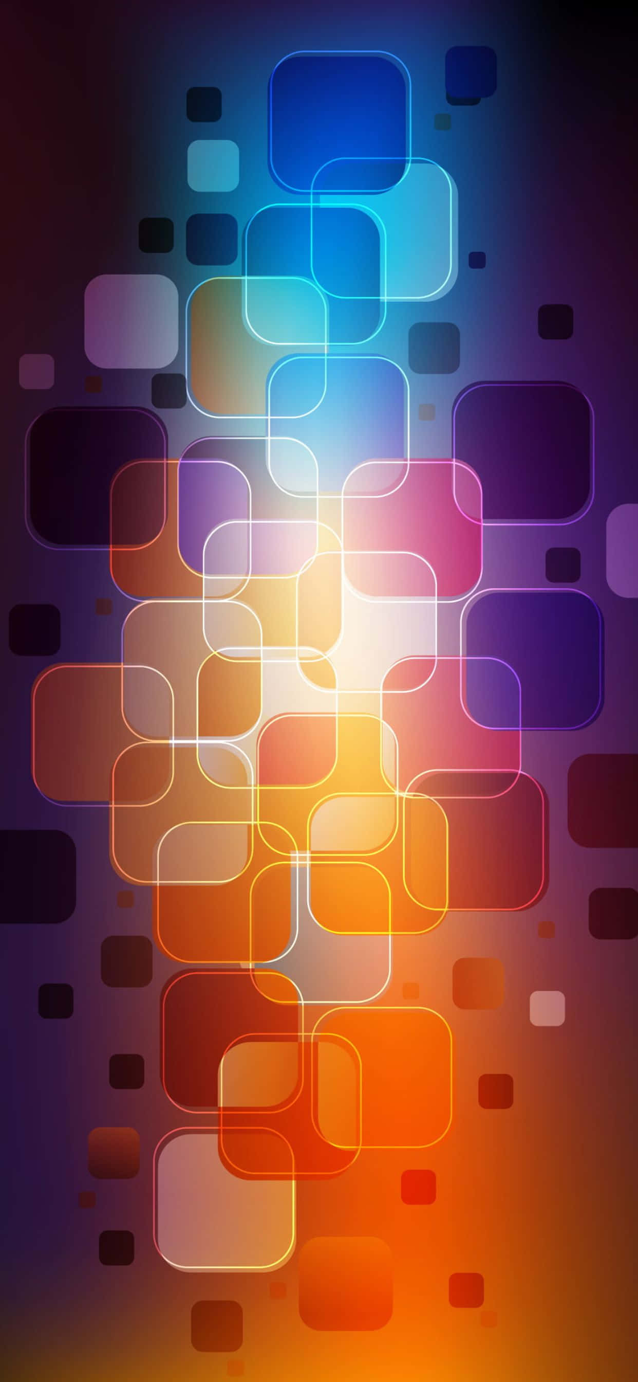 1242x2688 桌布 壁紙 — 鮮豔的漸變色發光半透明正方形從冷藍色到暖橙色垂直流動，背景為深色。