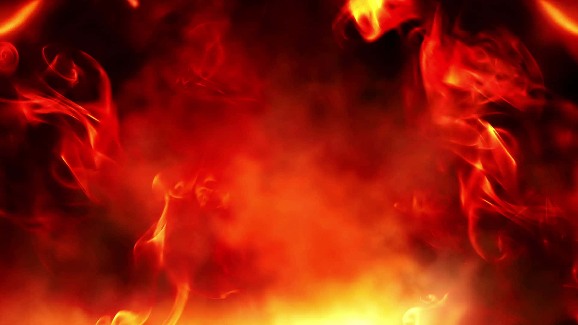 Red Fire 桌布 壁紙 — 鮮豔的火焰在黑暗背景下以漩渦圖案舞動，散發出強烈的熱量和光芒。