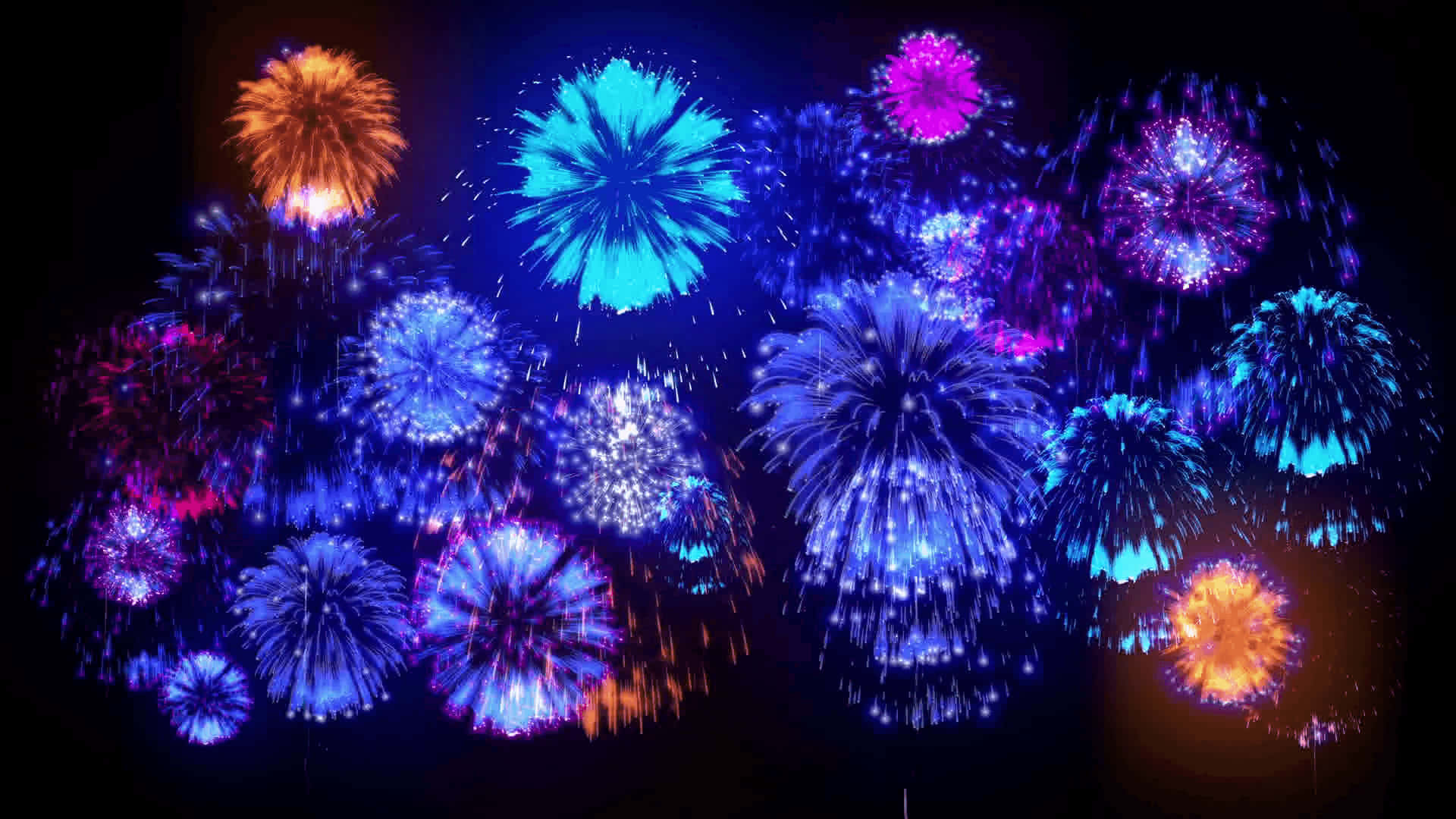 firework 桌布 壁紙 — 鮮豔的煙火在深黑色的夜空中綻放出電光藍、紫色和橙色。
