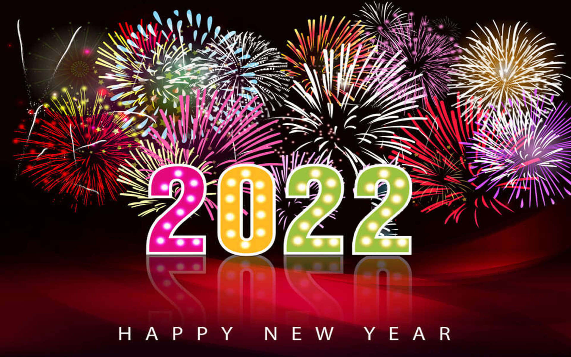 New Years Eve 桌布 壁紙 — 鮮豔的煙火在發光的2022年招牌燈後爆炸，反射在光亮的紅色表面上。