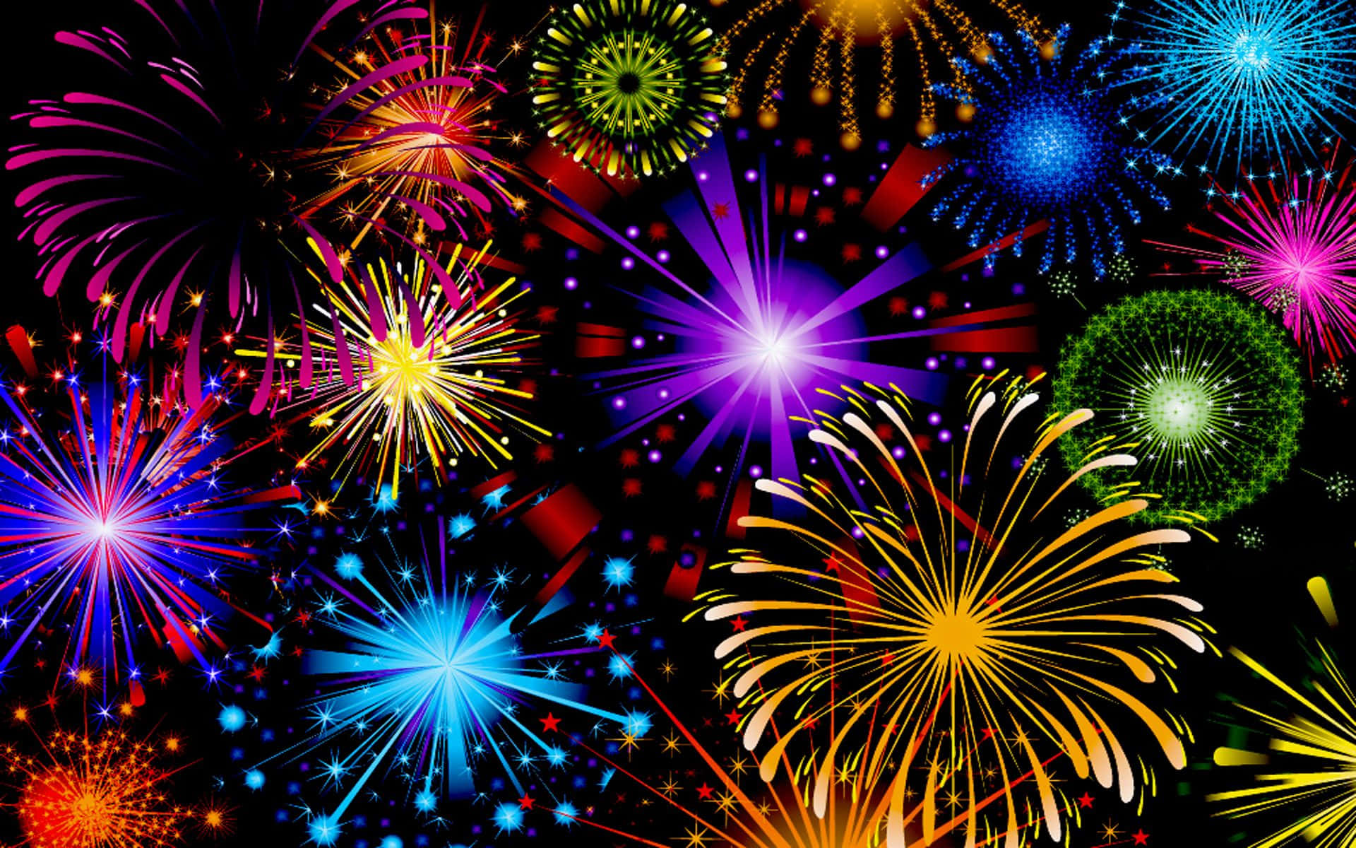 firework 桌布 壁紙 — 鮮豔的煙火在黑暗的夜空中綻放出藍色、綠色、黃色和紅色的耀眼光芒。