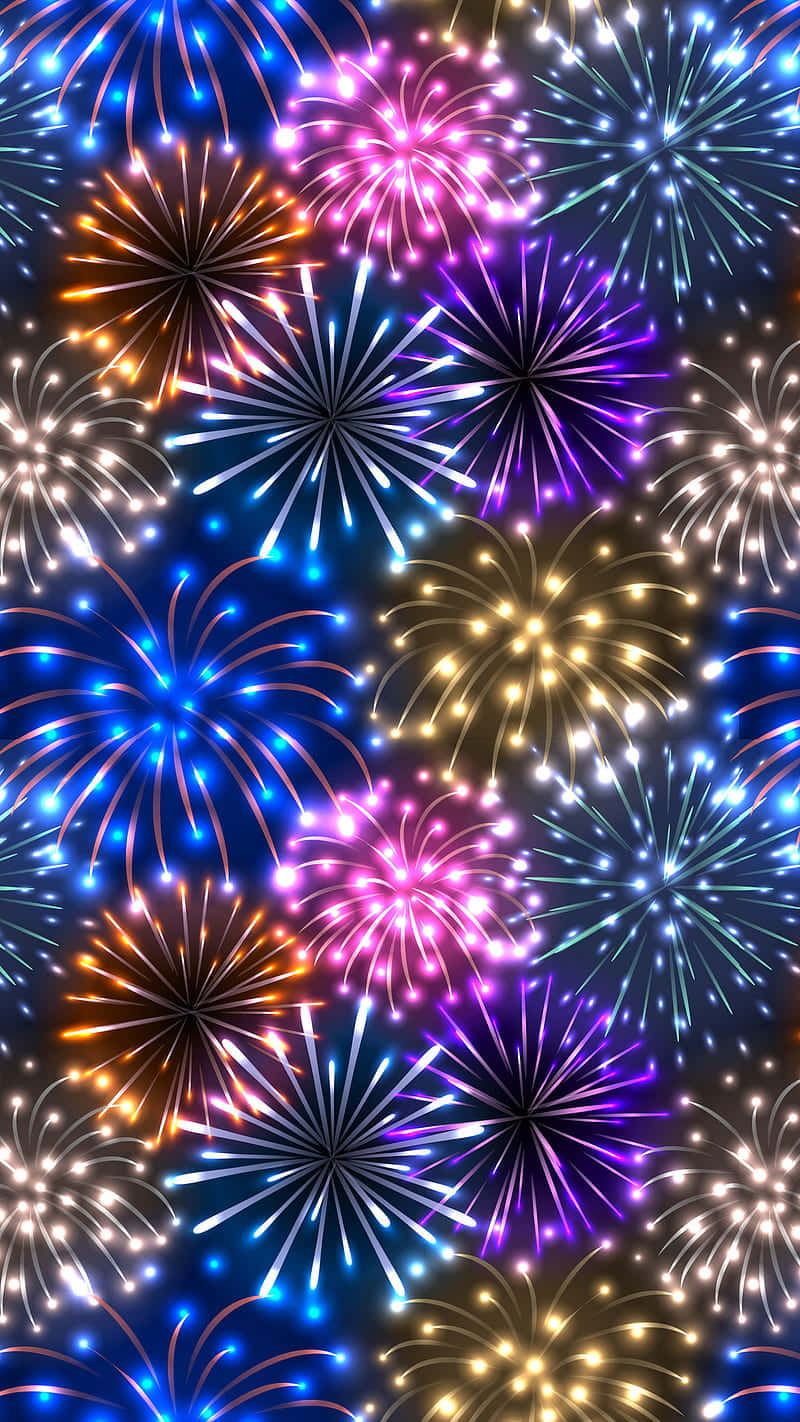Fireworks 桌布 壁紙 — 鮮豔的煙火在黑暗的夜空中綻放出藍色、紫色、金色和白色的耀眼火花。