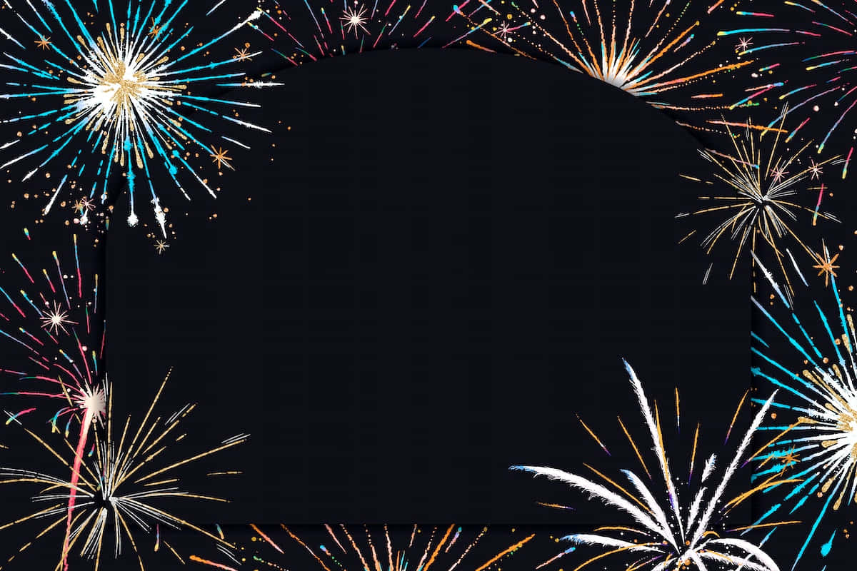 firework 桌布 壁紙 — 鮮豔的煙火在黑色中心周圍形成彩色框架，映襯著黑暗的夜空。