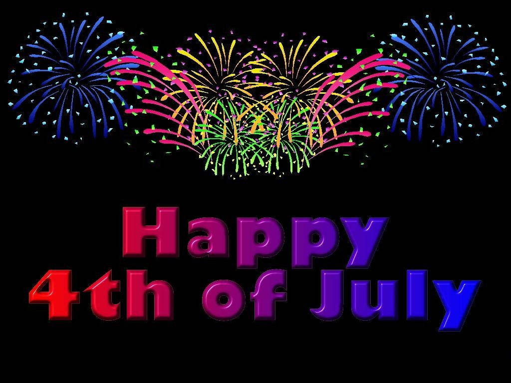 4th Of July 桌布 壁紙 — 鮮豔的煙火在黑色夜空背景下，在粗體3D文字「Happy 4th of July」上方爆炸出彩虹色調。