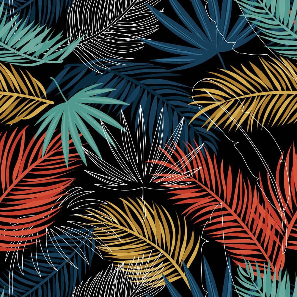Palm Leaves 桌布 壁紙 — 鮮豔的熱帶棕櫚葉，以紅色、藍綠色和金色呈現，黑色背景搭配白色輪廓。