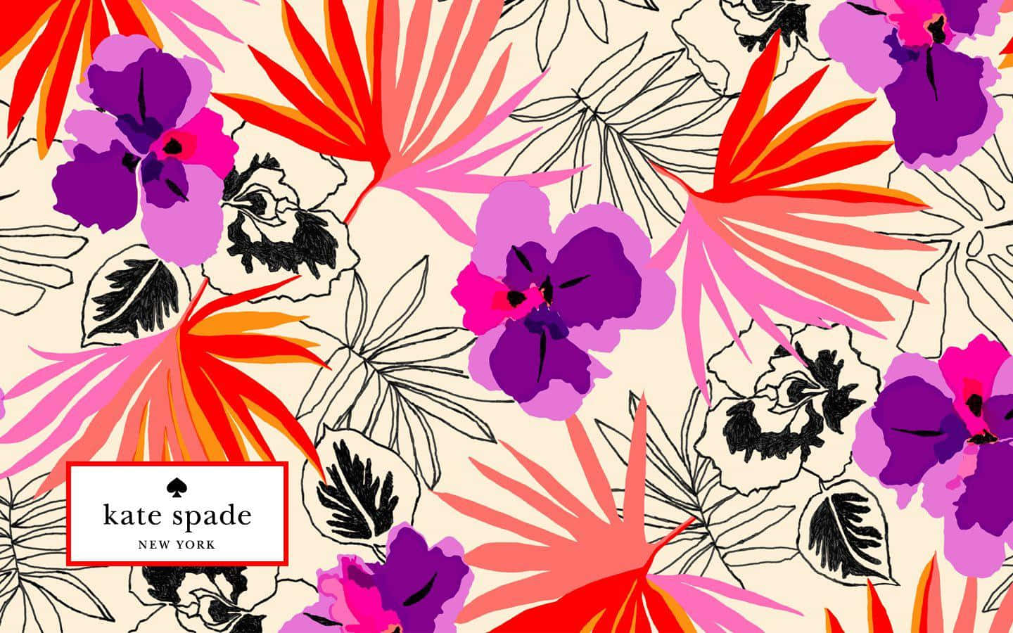 Kate Spade 桌布 壁紙 — 鮮豔的熱帶花卉以大膽的粉紅、紫色和橙色色調，與奶油色背景上的黑色線條藝術形成對比。