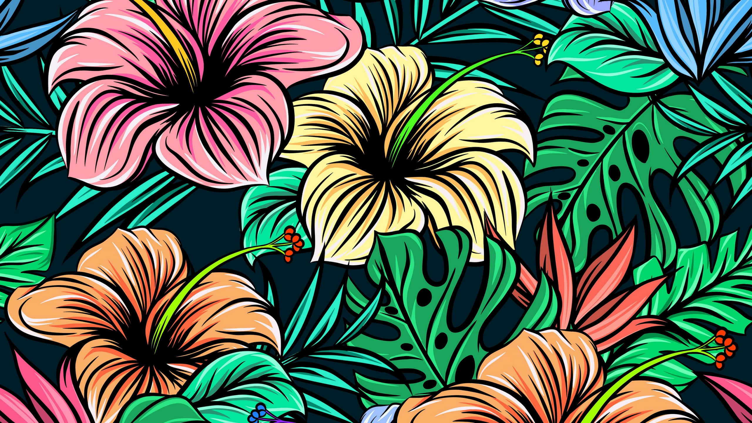 Hibiscus 桌布 壁紙 — 鮮豔的熱帶花卉和茂密的葉子，在深色背景上呈現大膽的霓虹色彩。