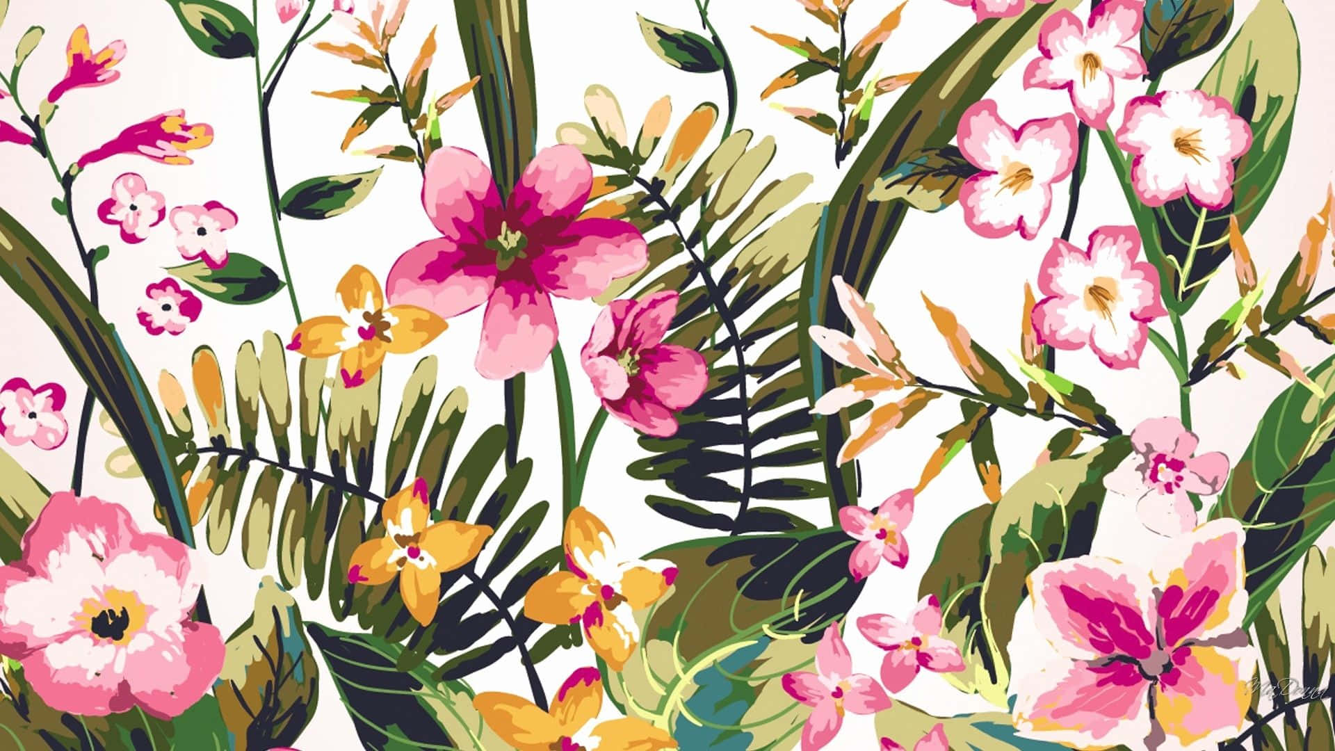 Floral Watercolor 桌布 壁紙 — 鮮豔的熱帶花卉和茂盛的綠葉以鮮明的色彩在潔白的背景上綻放。