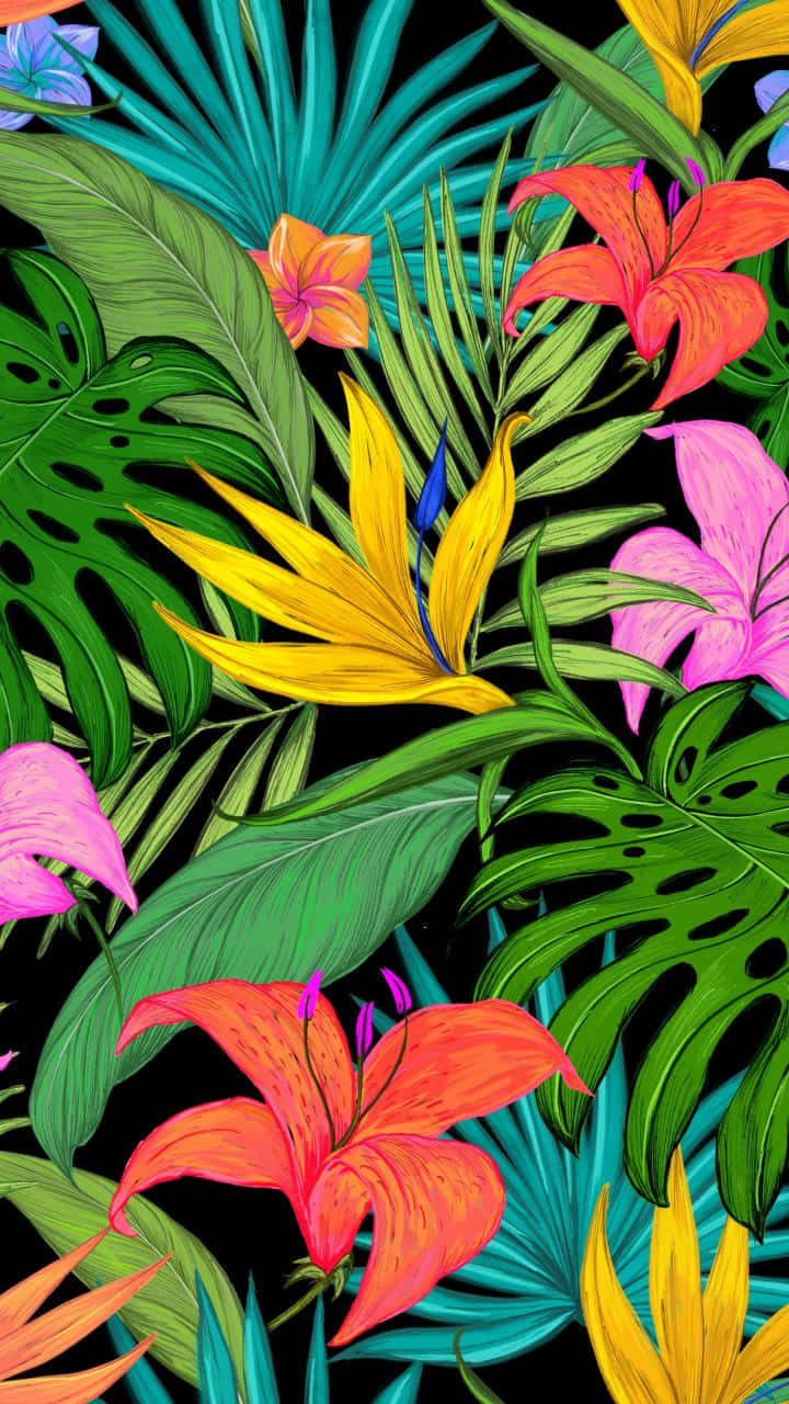 Tropical Leaves 桌布 壁紙 — 鮮豔的熱帶花卉和茂盛的綠葉在純黑色背景上以大膽的數位藝術形式綻放。