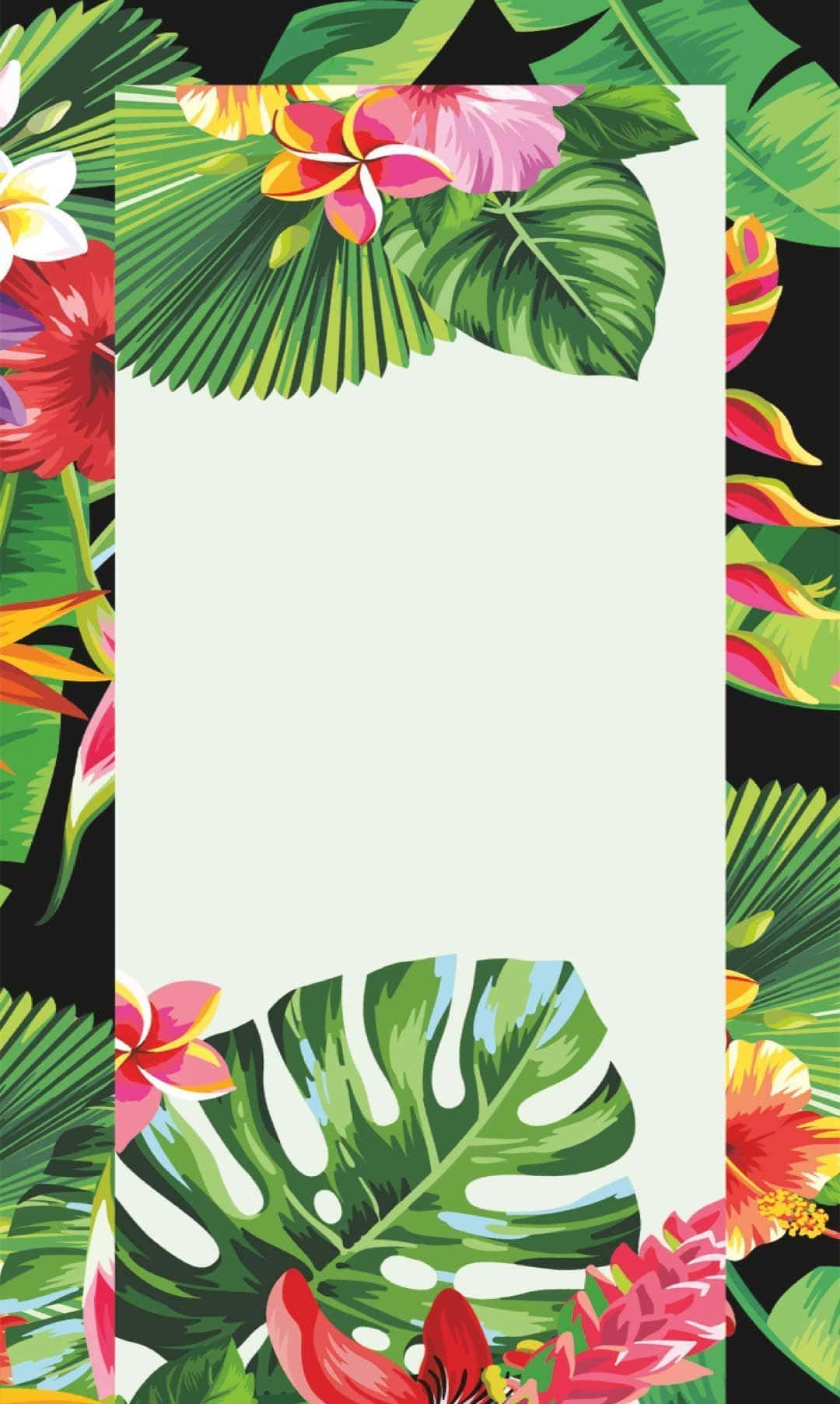 Tropical Aesthetic 桌布 壁紙 — 鮮豔的熱帶花卉和茂盛的綠葉在黑色背景上框出中央空白空間。