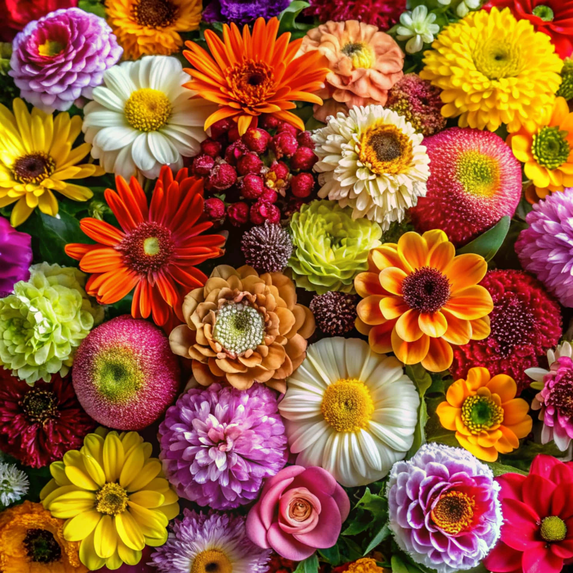 Top view of beautiful flowers 壁紙 — 鮮豔的特寫鏡頭，呈現各種色彩繽紛的花朵，包括雛菊、非洲菊和玫瑰，色調鮮明，有橙色、黃色、粉紅色、紫色和白色。