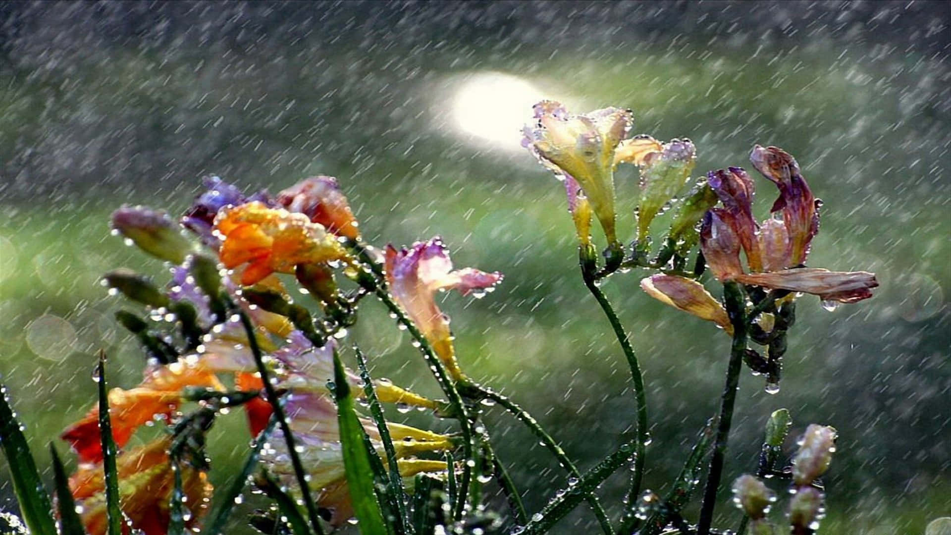 Raining 桌布 壁紙 — 鮮豔的番紅花在柔和陽光照耀下，在模糊的綠色背景上閃爍著雨滴。