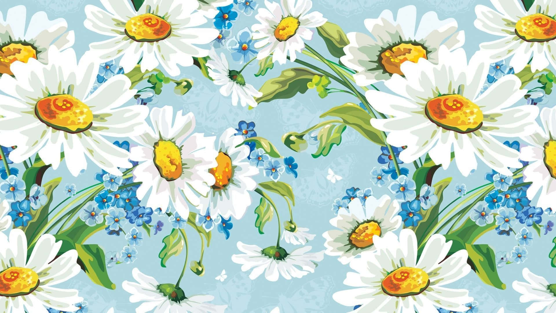 Daisy Laptop 桌布 壁紙 — 鮮豔的白色雛菊，黃色花心，藍色勿忘我，在柔和的藍色背景上，綠色莖桿盛開。