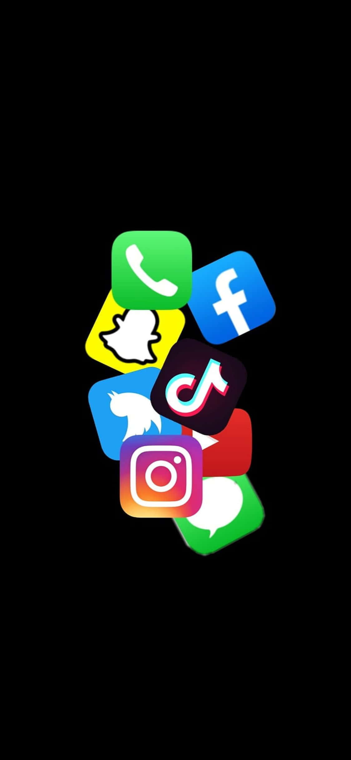 iPhone Xs Social 桌布 壁紙 — 鮮豔的社交媒體應用程式圖標在純黑背景上動態漂浮。