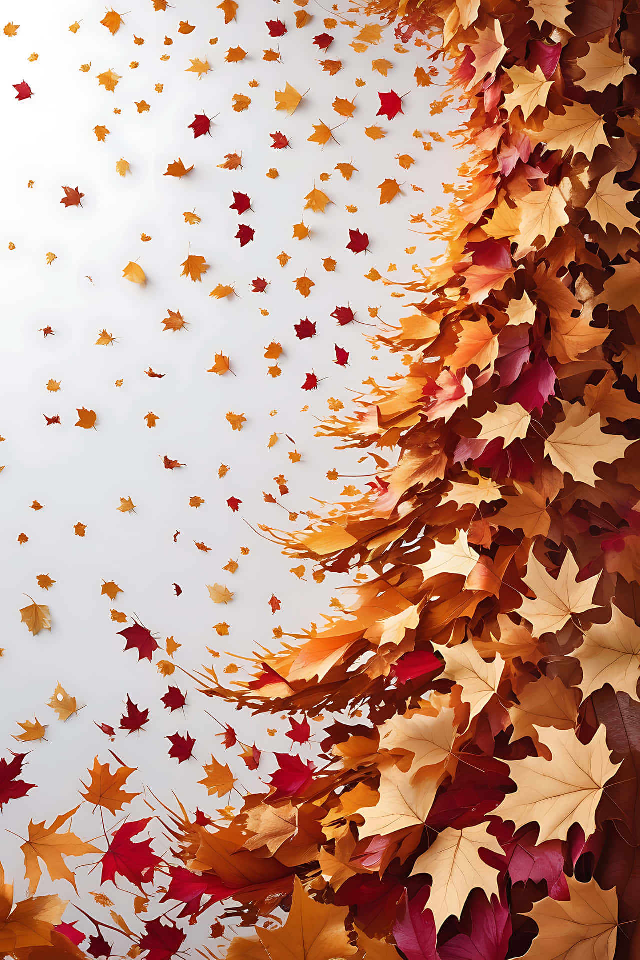 Autumn leaves falling 壁紙 — 鮮豔的秋季楓葉以紅色、橙色和金色形成瀑布般的效果，沿對角線流過潔淨的白色背景。