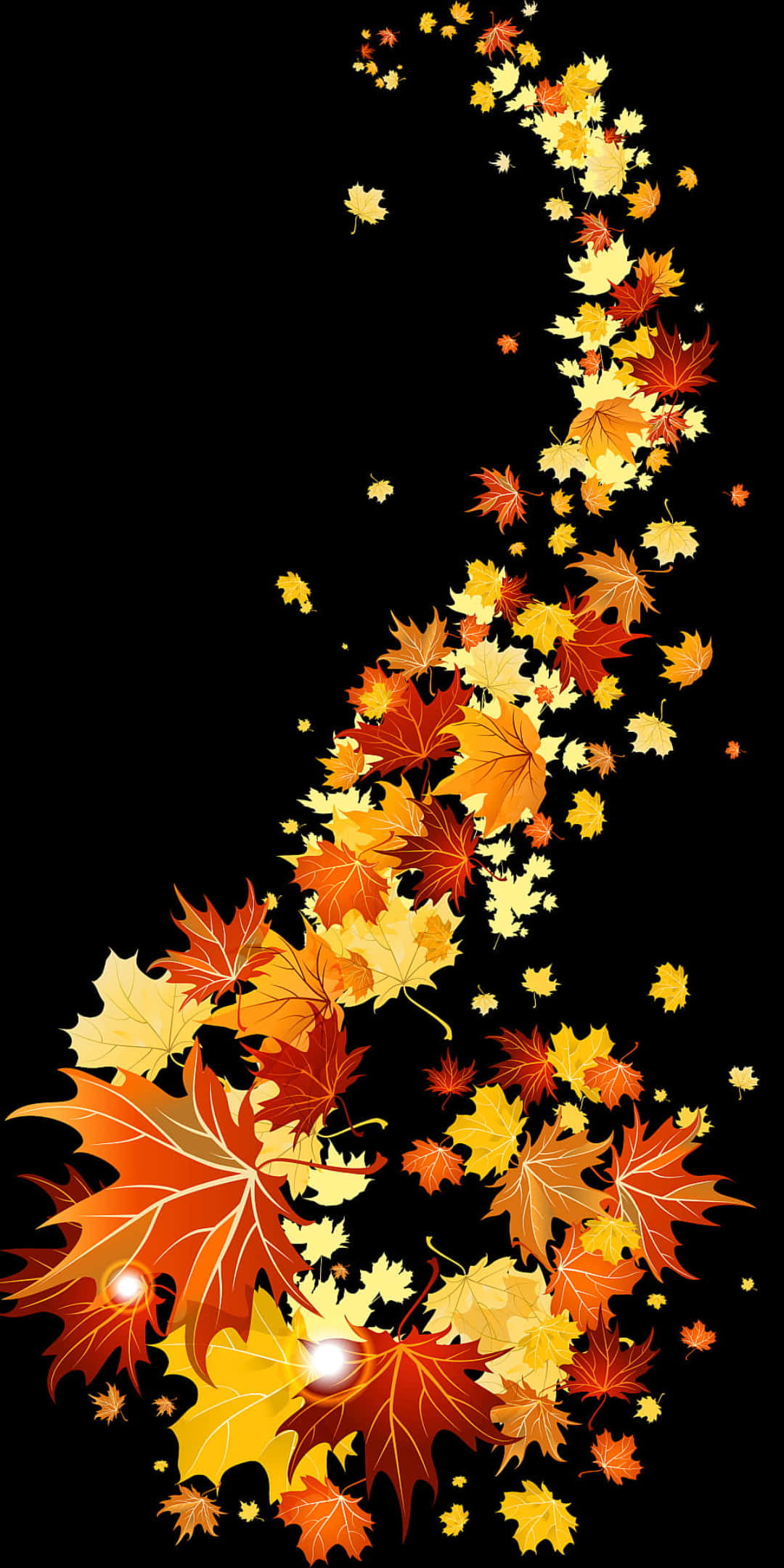 Pixel 3 Autumn 桌布 壁紙 — 鮮豔的秋季楓葉在動態數位插圖中沿對角線傾瀉而下，襯托出純黑色的背景。