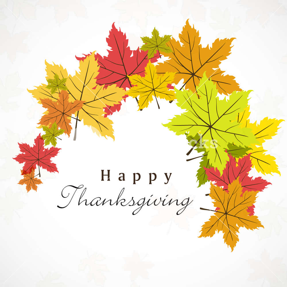 Fall Thanksgiving 桌布 壁紙 — 鮮豔的秋日楓葉以紅、黃、綠色圍繞優雅的「Happy Thanksgiving」文字形成節日拱門。