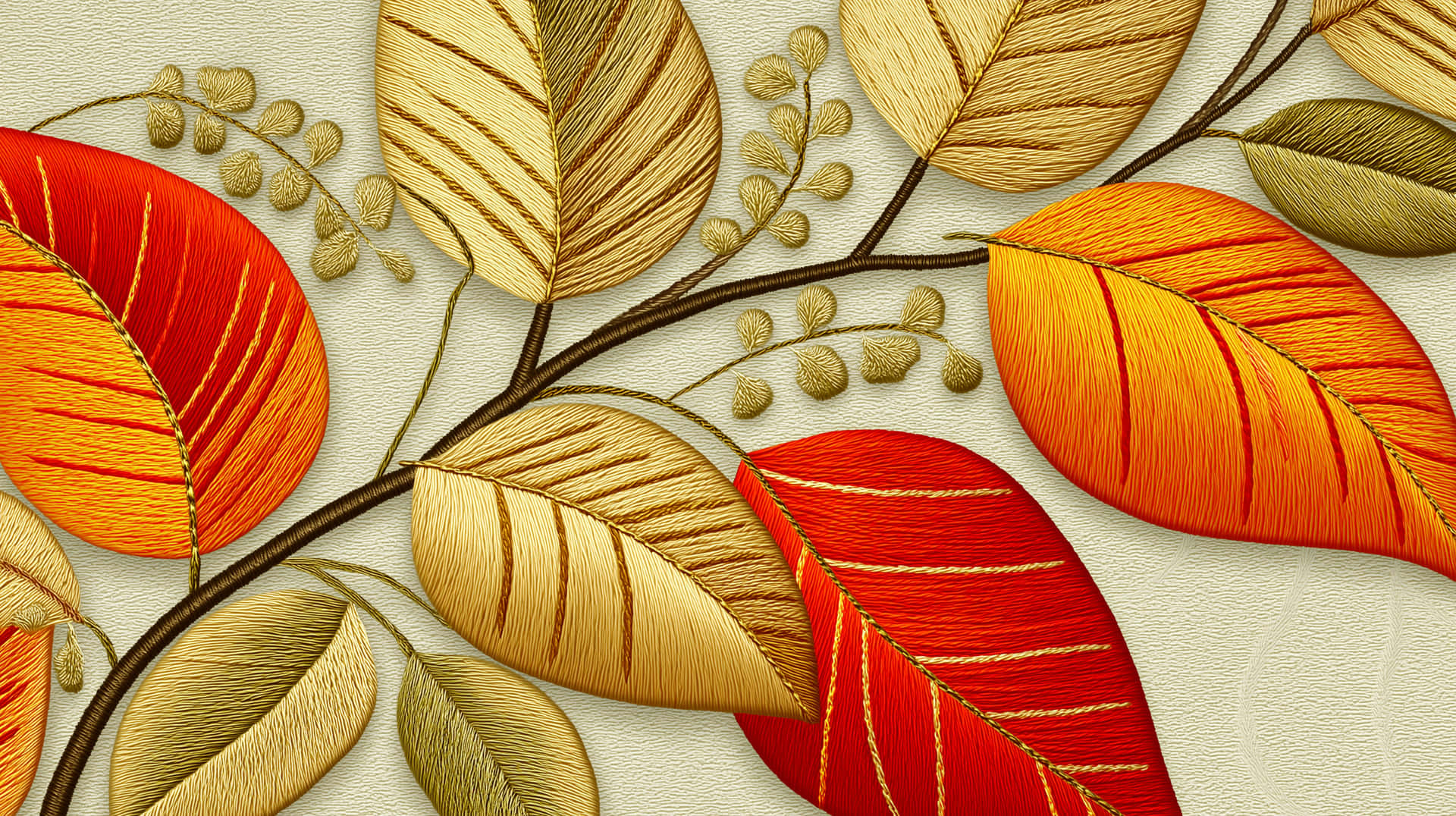 Textured Autumn Leaves and Branch Embroidery Design 壁紙 — 鮮豔的秋葉，以紅色、橙色和金色用細線縫在奶油色背景上。