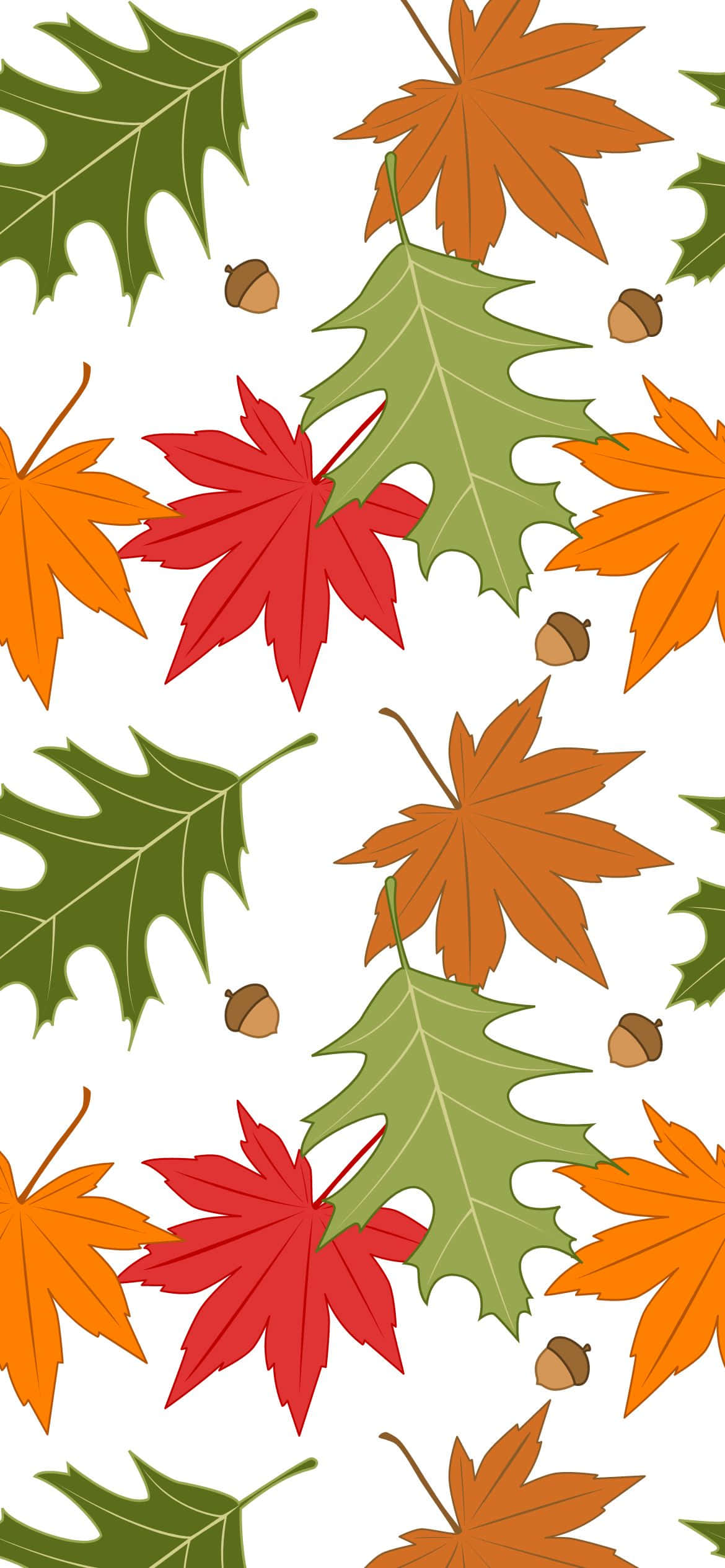 Best Fall 桌布 壁紙 — 鮮豔的秋葉，呈現紅、橙、綠色，橡子散落在潔白的背景上。