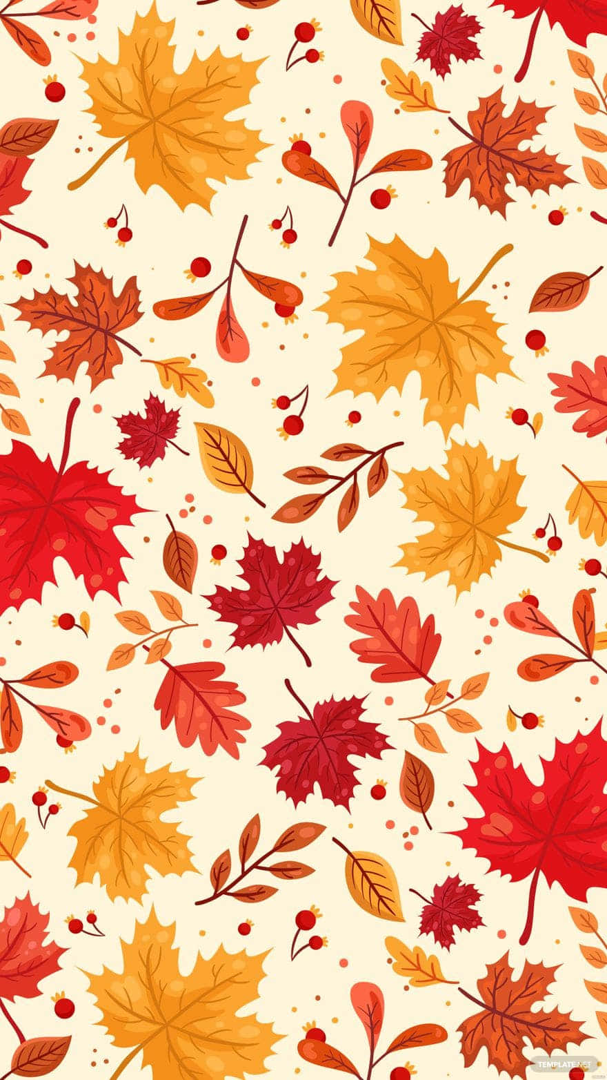 Fall Leaf 桌布 壁紙 — 鮮豔的秋葉，有紅色、橙色和黃色，散落在奶油色背景上，還有小漿果和精緻的樹枝。