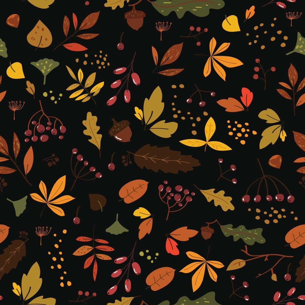 Autumn Leaves 桌布 壁紙 — 鮮豔的秋葉、橡果和漿果散落在深色背景上，形成重複圖案。