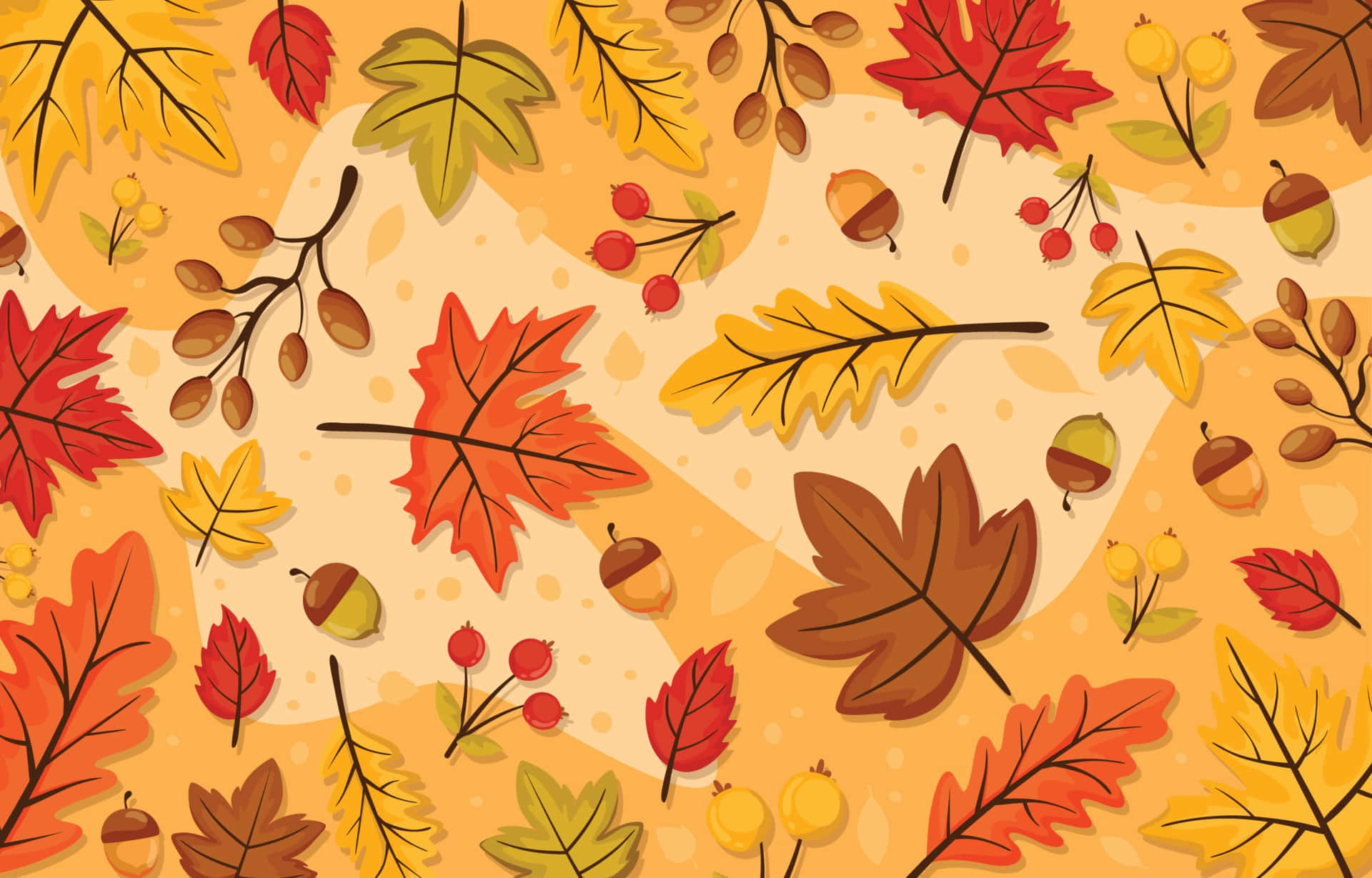 Fall Leaf 桌布 壁紙 — 鮮豔的秋葉、橡果和漿果散落在溫暖的金色背景上，形成歡快的圖案。