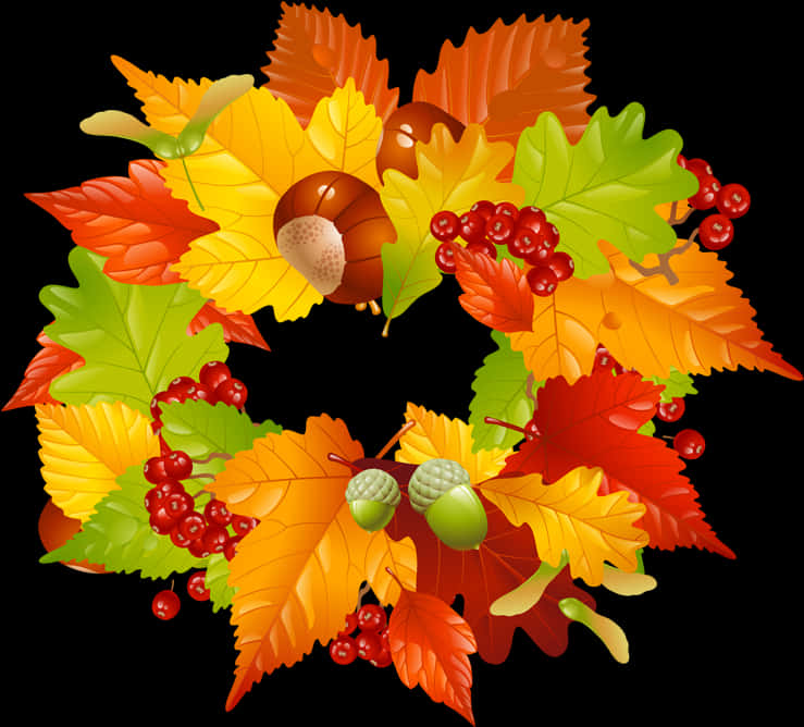 Wreath 桌布 壁紙 — 鮮豔的秋葉、橡果和紅色漿果在純黑背景上形成色彩繽紛的花環。