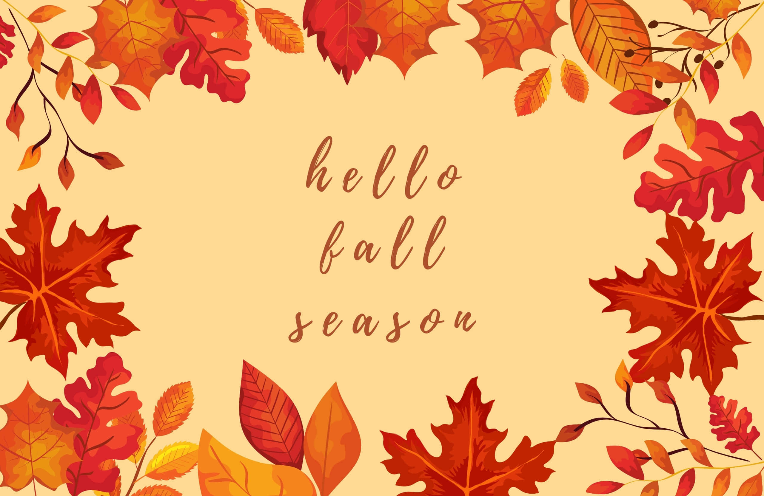 Best Fall 桌布 壁紙 — 鮮豔的秋葉（紅、橙、黃）環繞著溫暖的米色背景，並帶有草書的 hello fall season 文字。